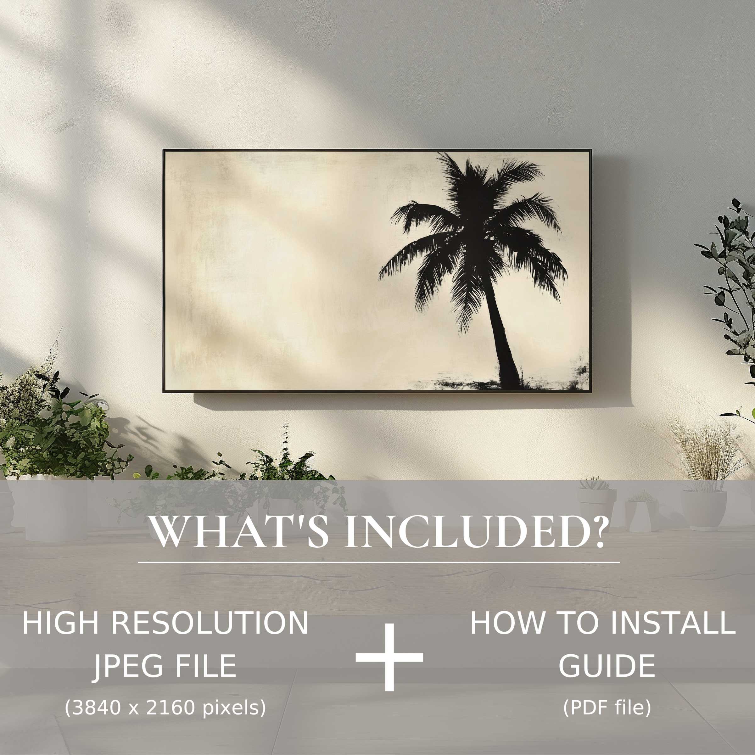 Neutral digital TV art download featuring a serene palm silhouette, enhancing decor with effortless digital elegance