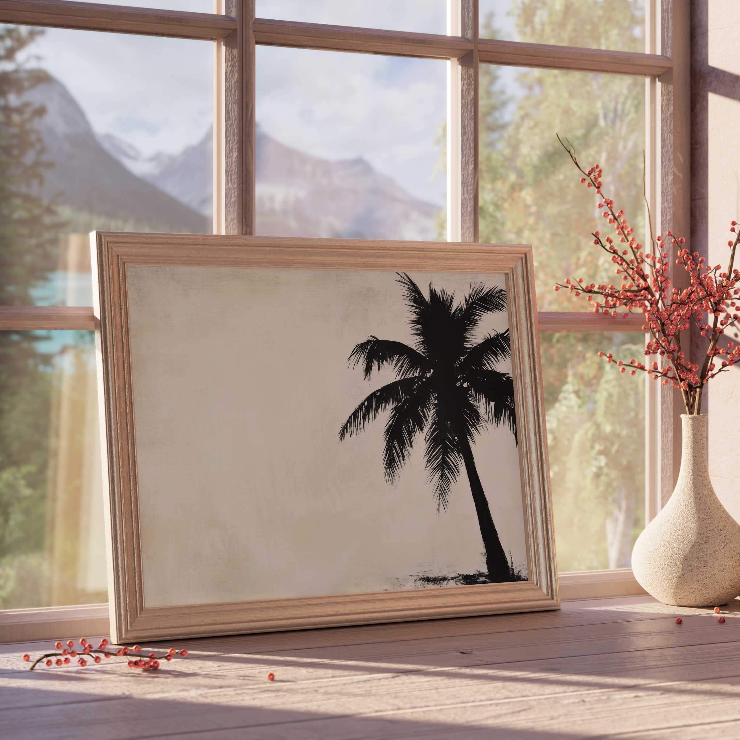 Elegant neutral downloadable art featuring a minimalist palm silhouette, enhancing tranquil, curated interiors with warm natural light