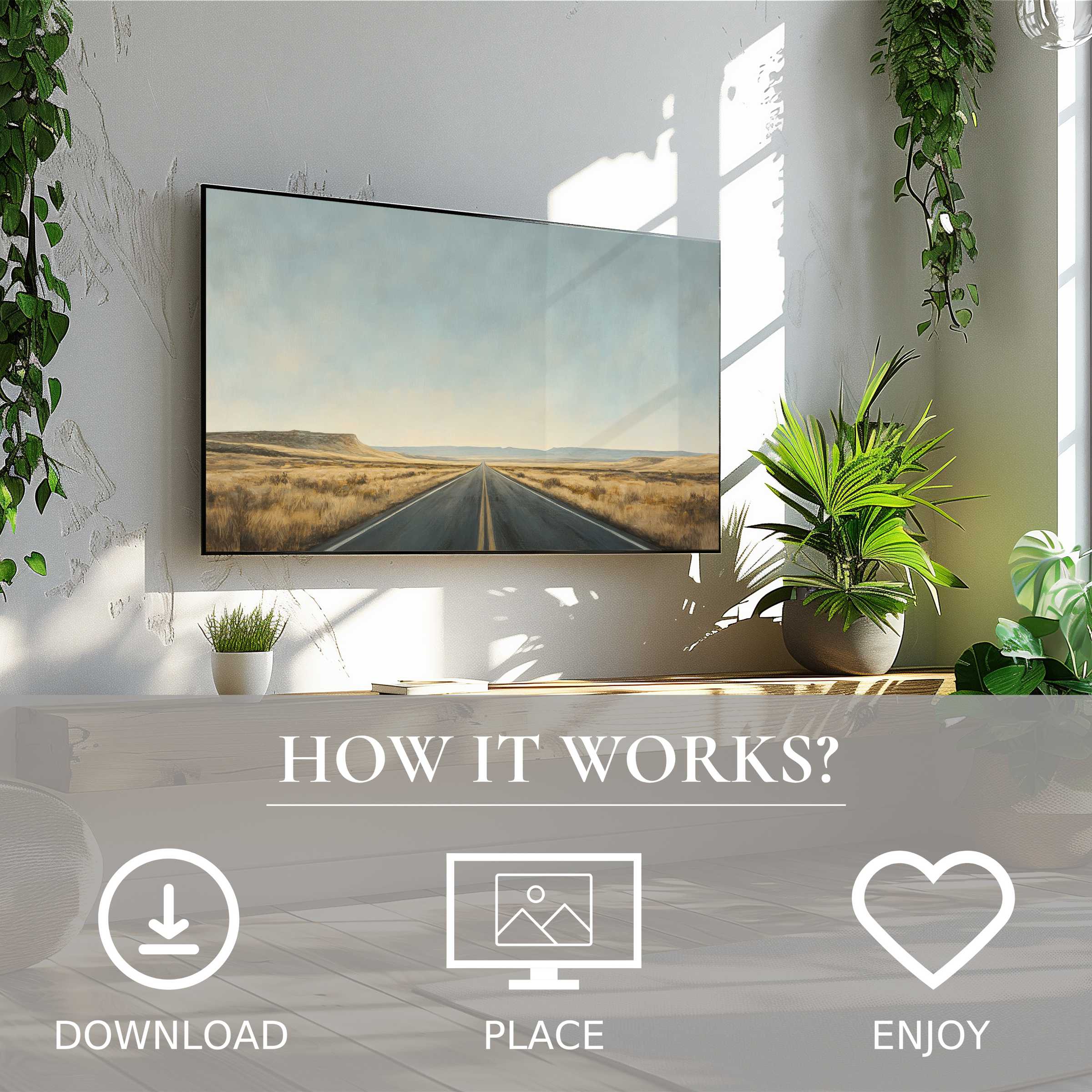 Minimalist art for Samsung TV showing a calm desert road in soft tones, easy digital download enriches any space