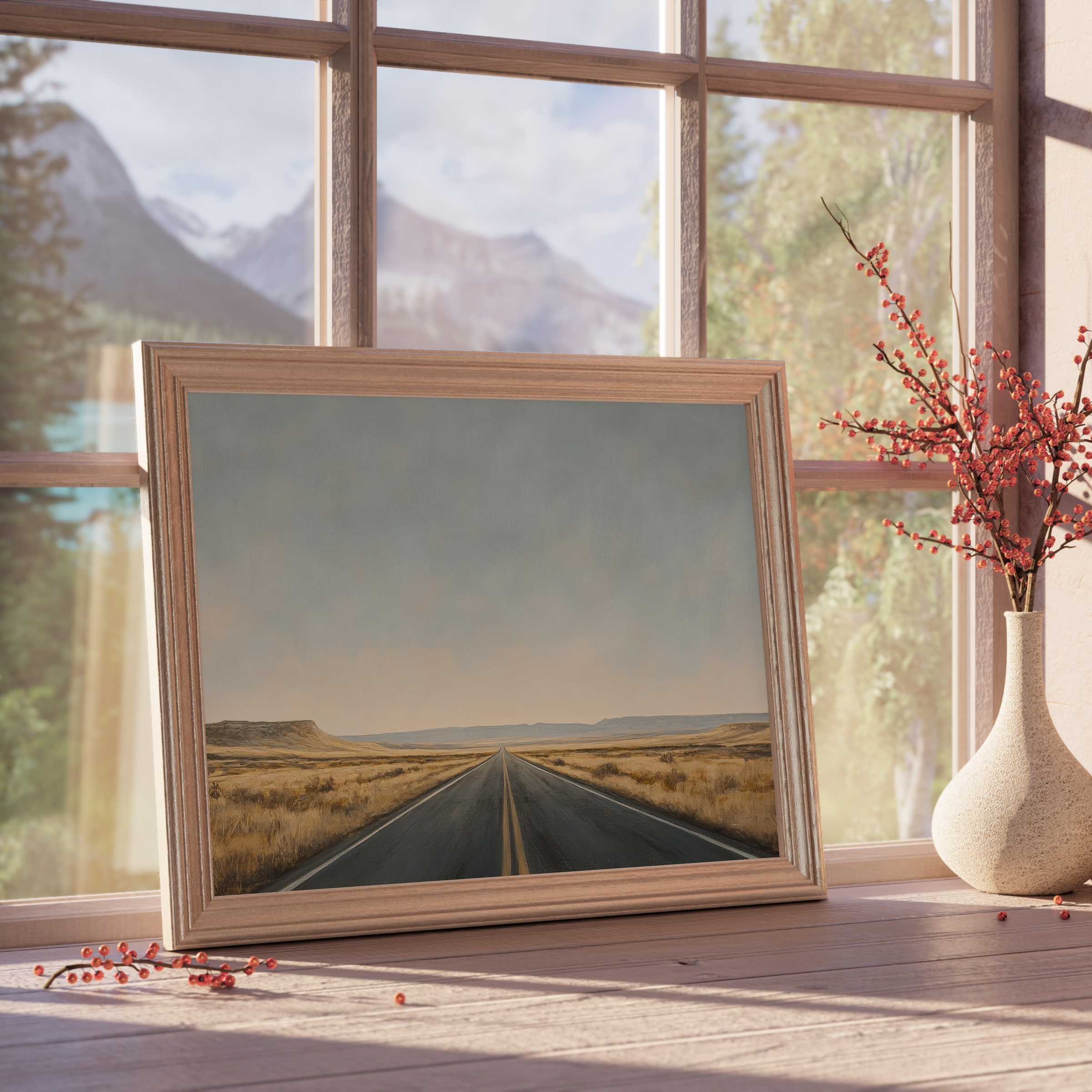 Minimalist downloadable art capturing a serene open road at dusk, enhancing tranquil, design-forward interiors with natural elegance