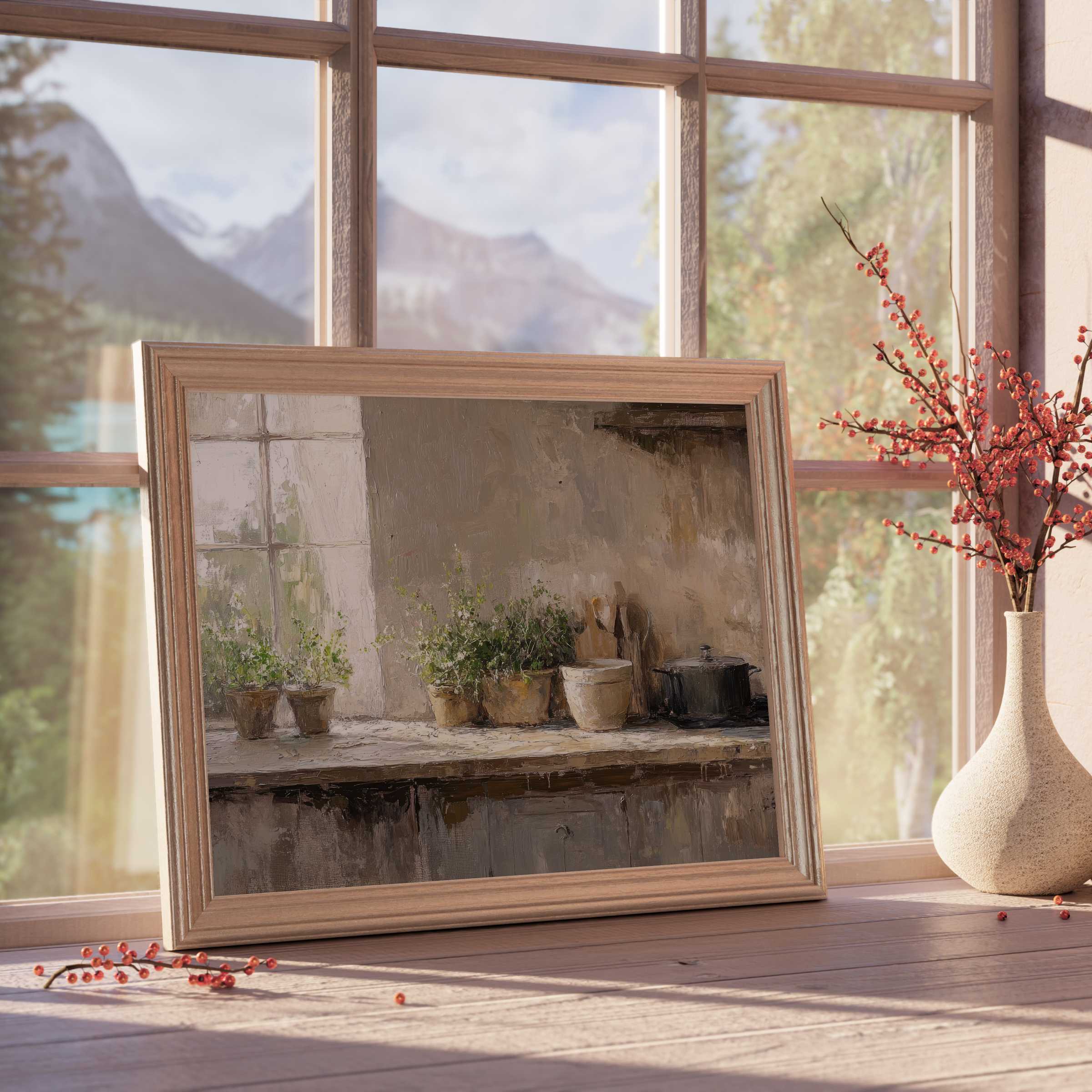 Farmhouse downloadable art capturing serene kitchen charm with rustic herbs and warm natural light for tranquil, curated interiors
