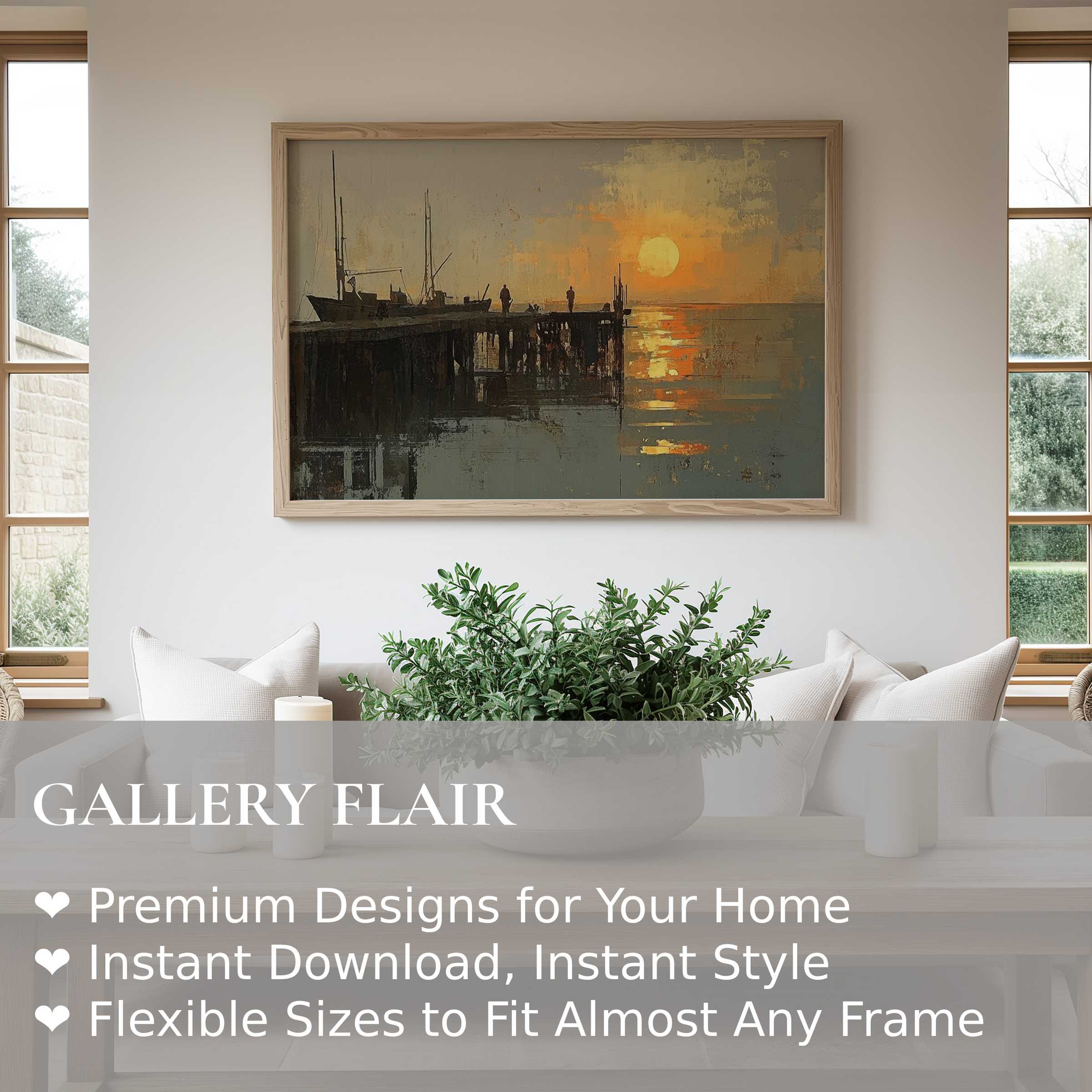 Serene beach wall art print capturing a radiant sunset over a fishing pier, enhancing modern coastal interiors with soft, calming elegance