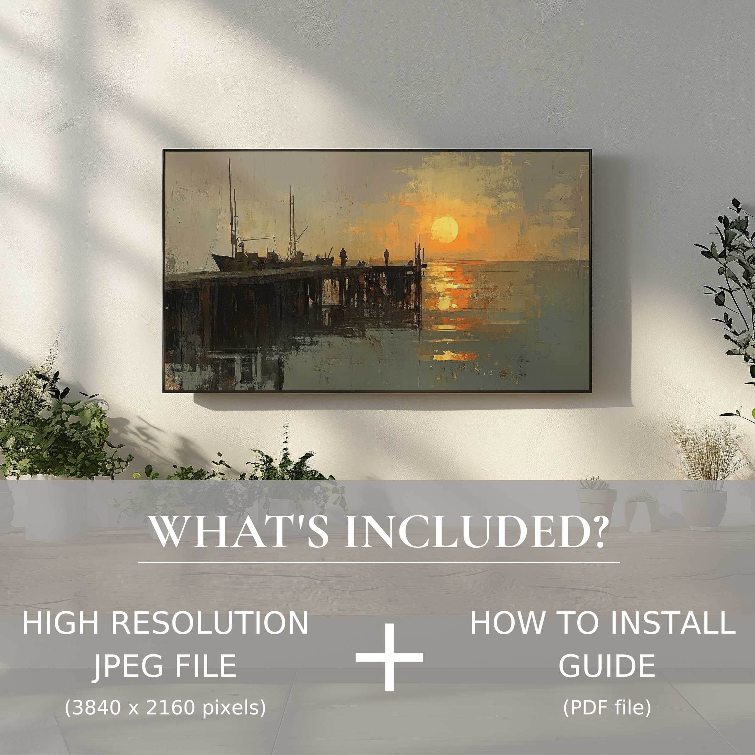 Elegant beach digital TV art download showcasing a serene sunset; easy digital use elevates stylish living spaces