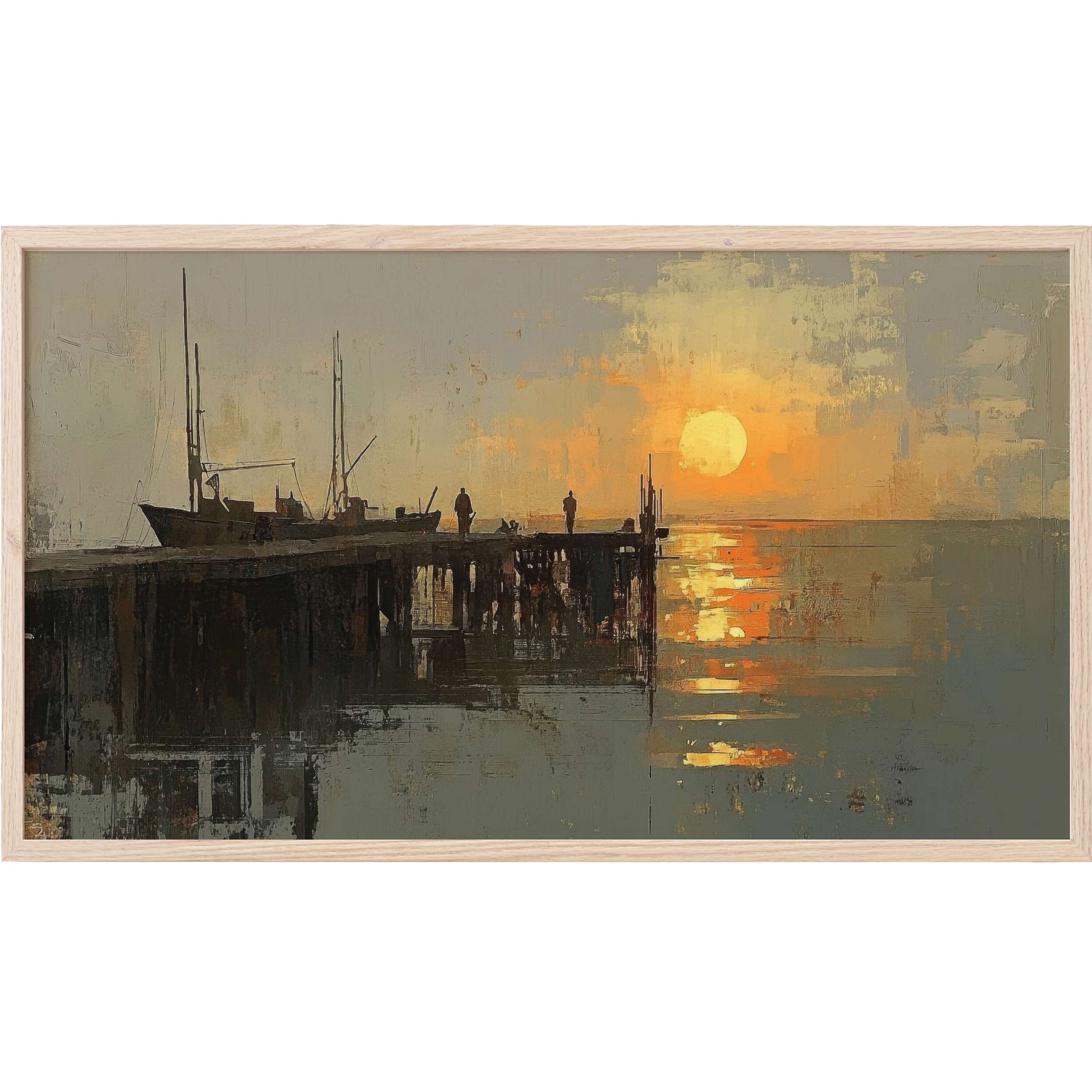 Beach Frame TV Art depicting a moody sunset pier in muted earth tones with soft golden highlights