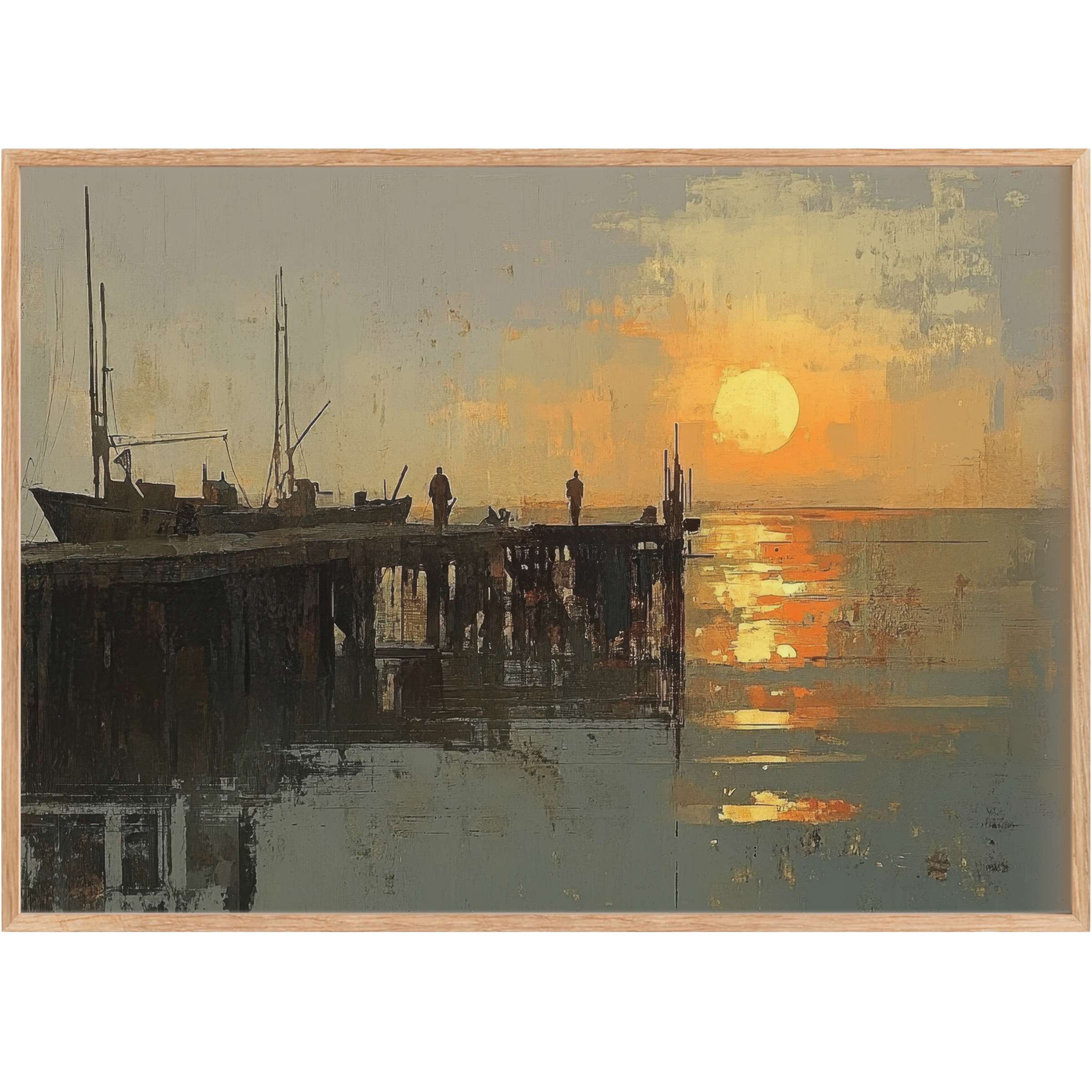 Tranquil beach printable wall art capturing a muted pier silhouette at sunset, evoking serene amber and soft gray tones for refined coastal elegance