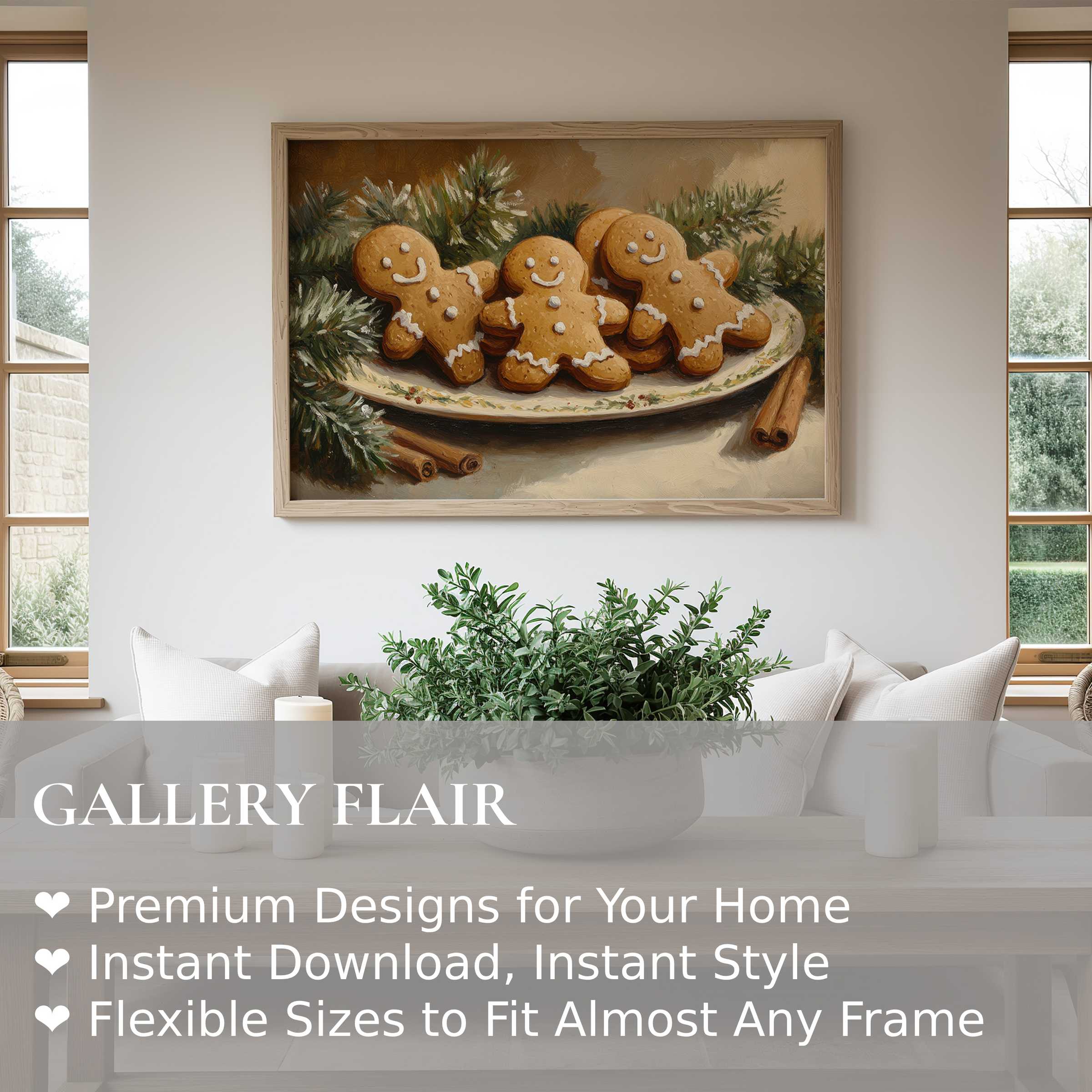 Christmas wall art print with charming gingerbread figures, evoking cozy warmth and festive elegance in a modern Scandinavian living room