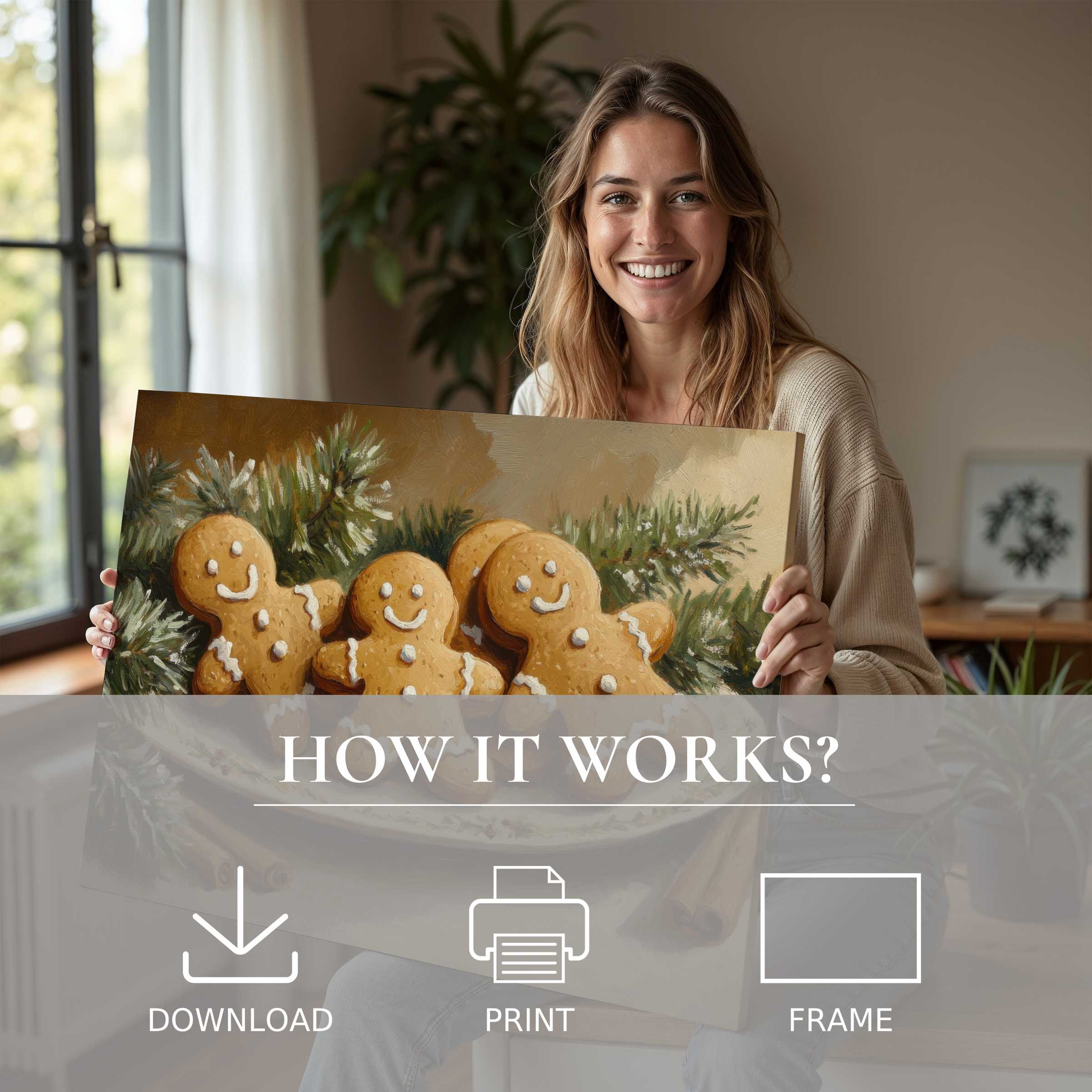 A joyful moment unveiling a Christmas digital art print of gingerbread figures, enriching a modern home with warmth and festive charm