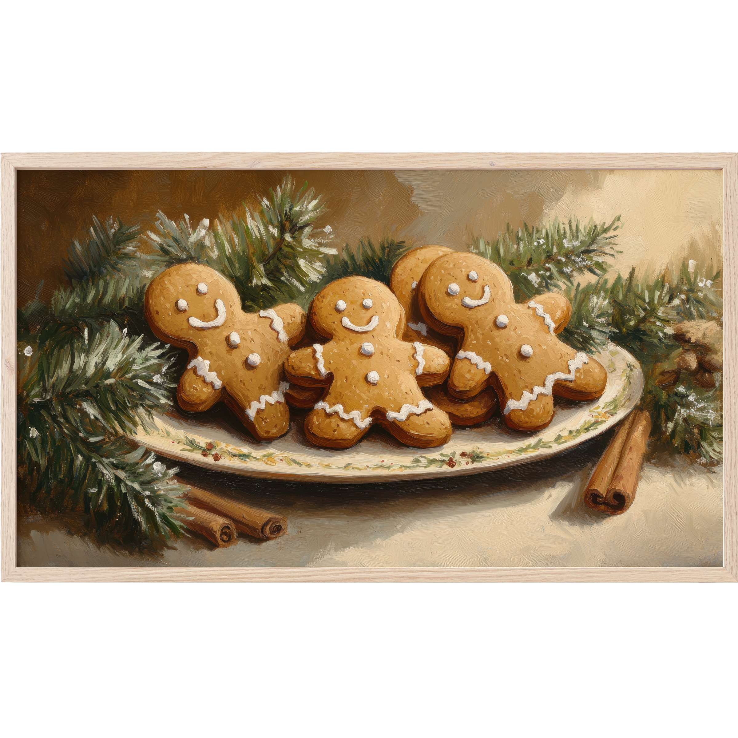 Charming gingerbread cookies on a festive plate with pine and cinnamon, warm tones, christmas Frame TV Art