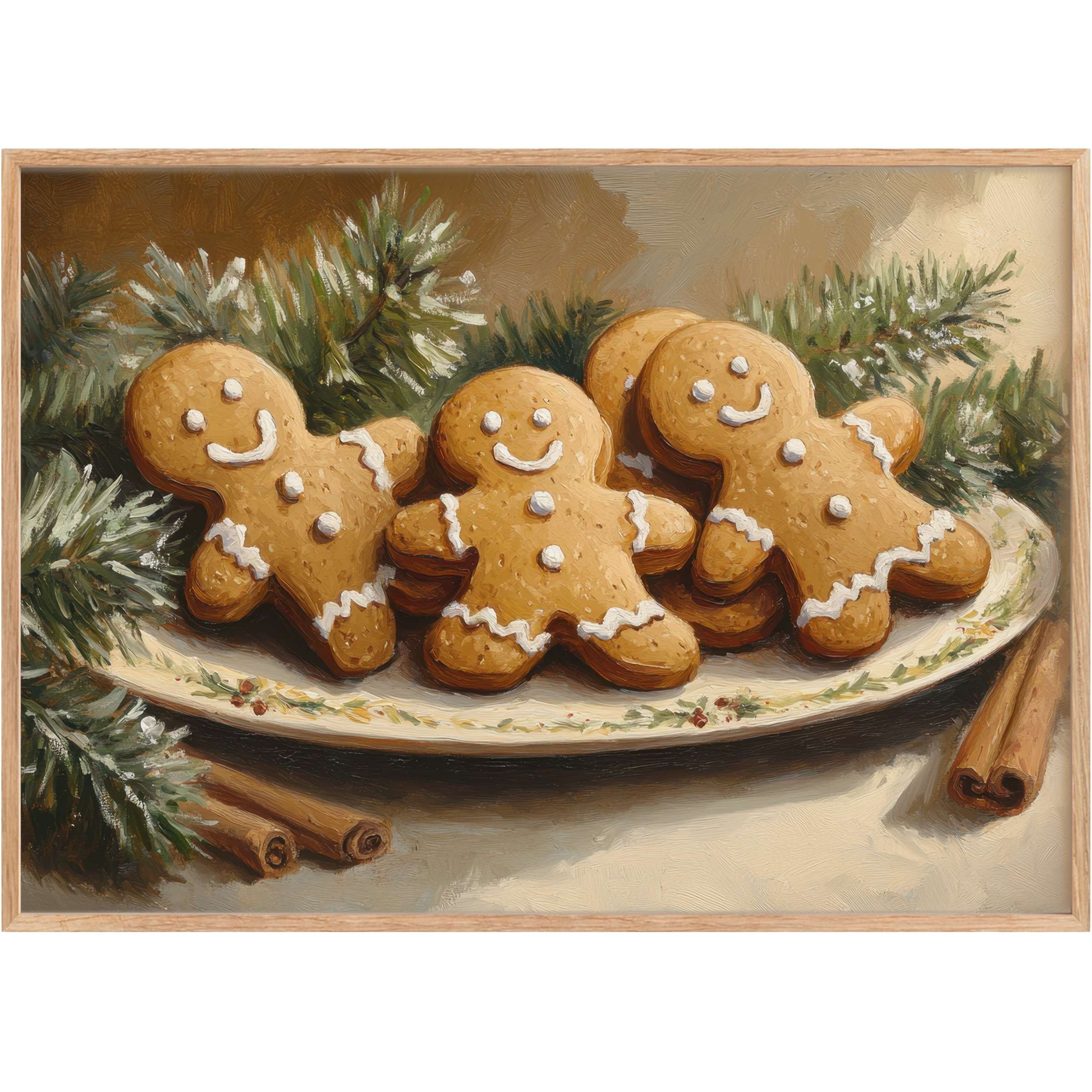Charming Christmas printable wall art featuring joyful gingerbread figures, warm cinnamon tones, and festive evergreen sprigs