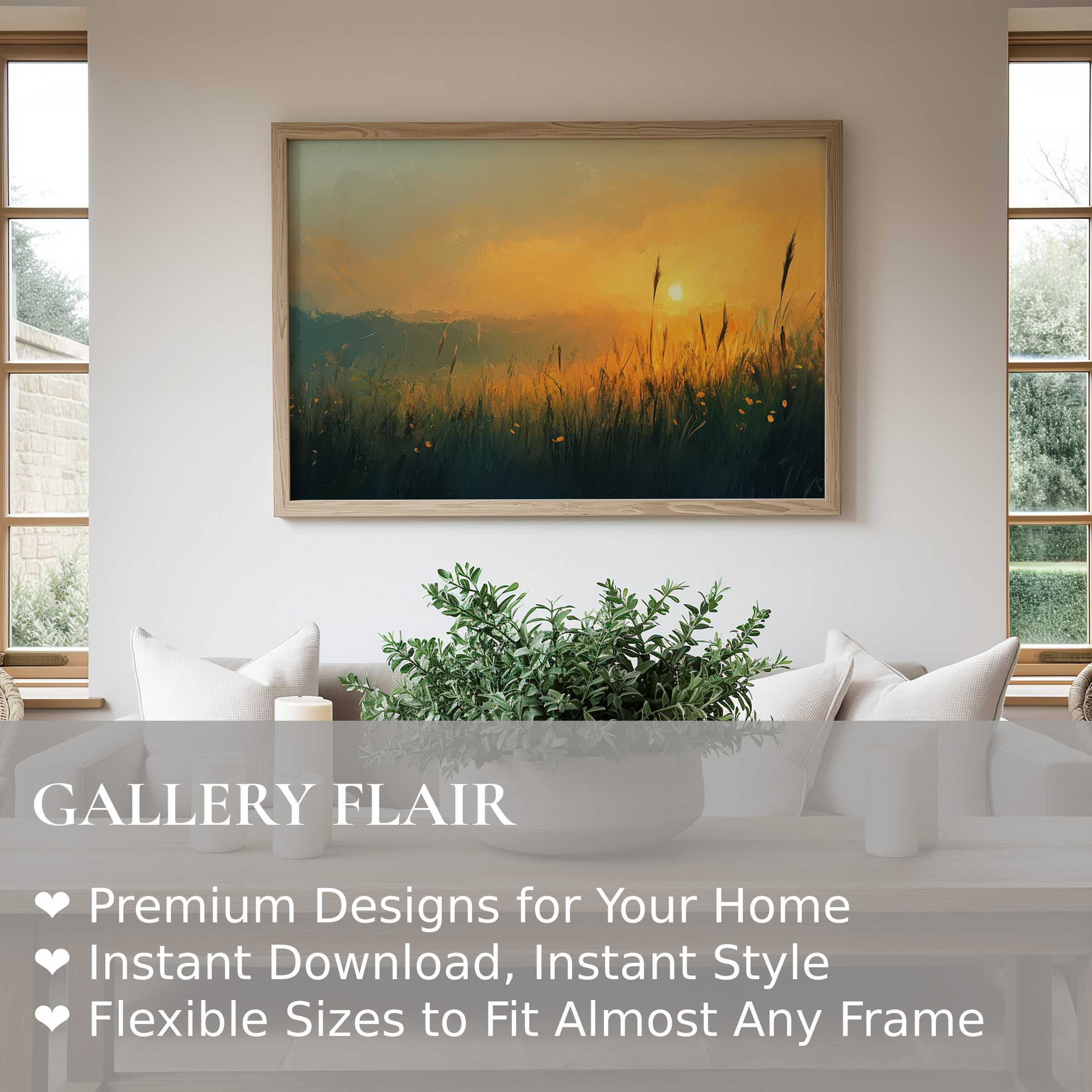 Landscape wall art print capturing a radiant sunset over wild grasses, enriching modern minimalist interiors with warm, calming elegance