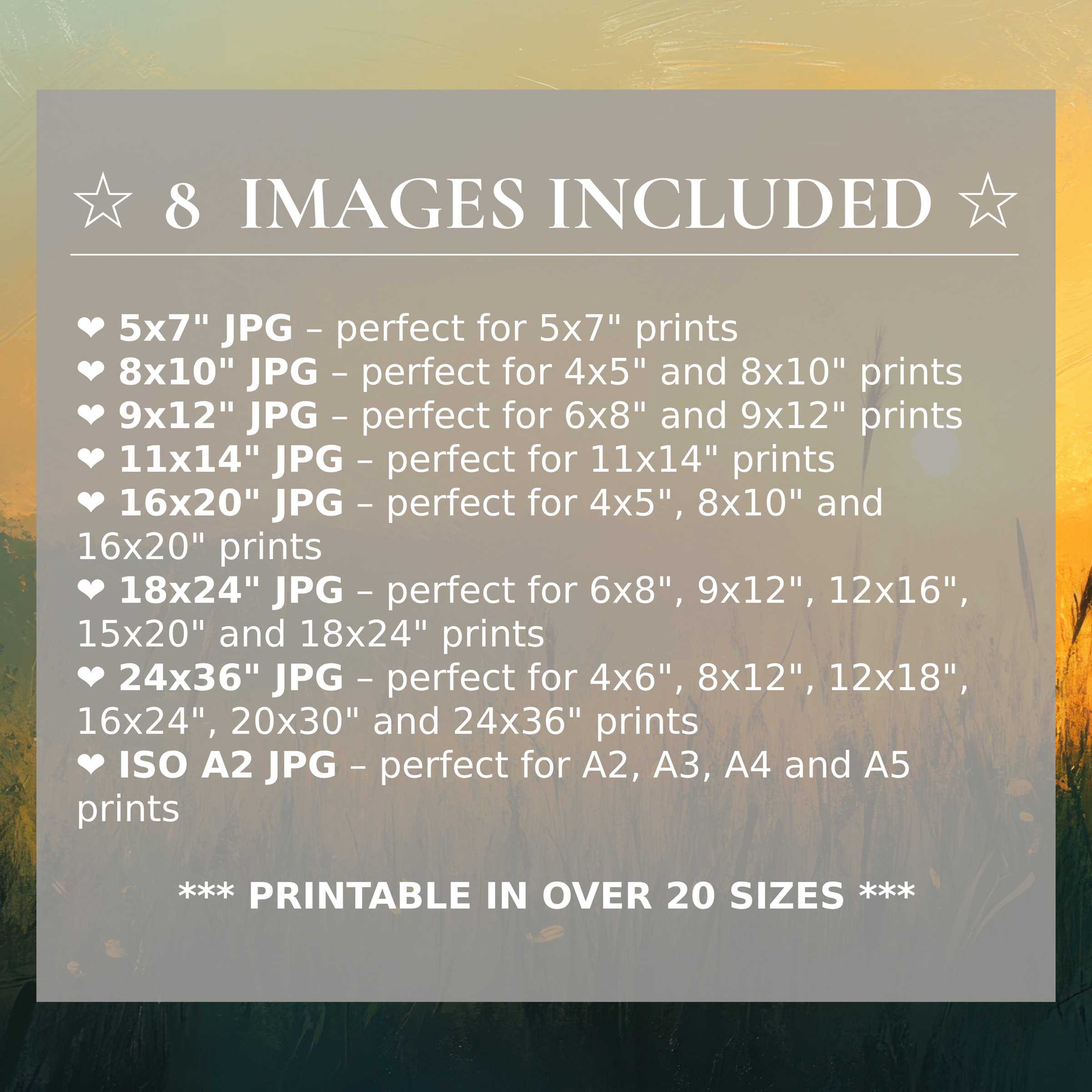 Radiant landscape digital print in golden hues delivering calming warmth, includes 8 high-quality sizes to elevate modern interiors