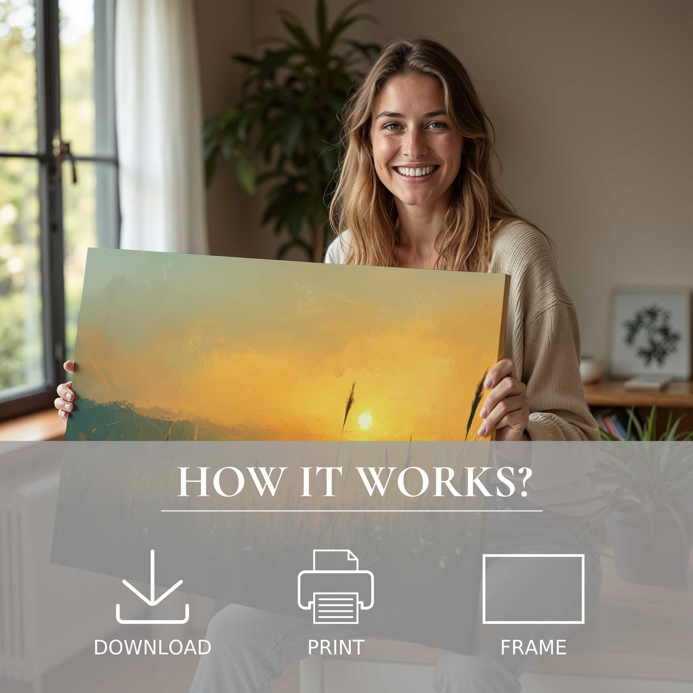 Warm landscape digital art print embraced in a sunlit modern home, inspiring joyful connection through effortless elegance