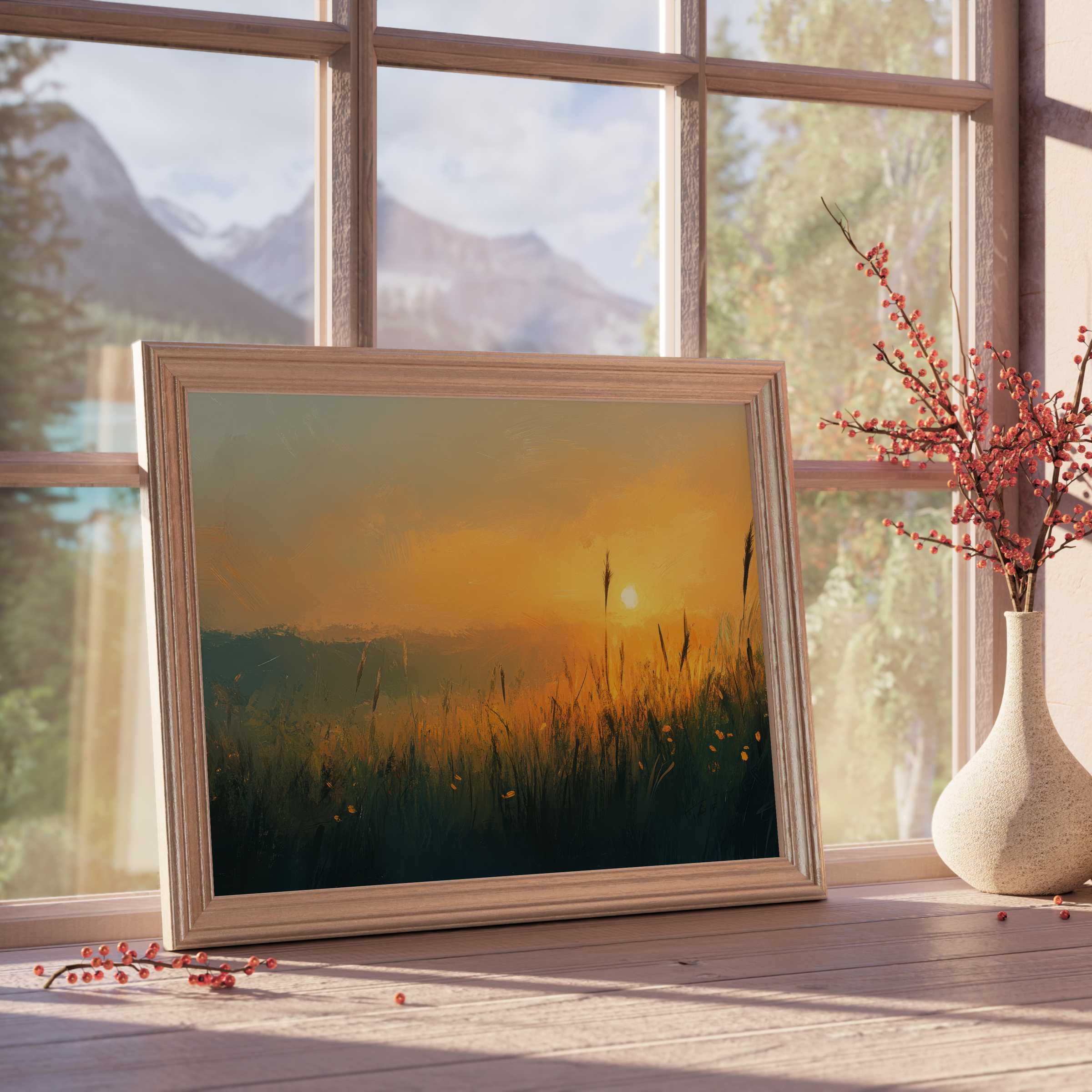 Landscape downloadable art capturing a serene sunset meadow, enriching tranquil, design-forward homes with warm, natural elegance