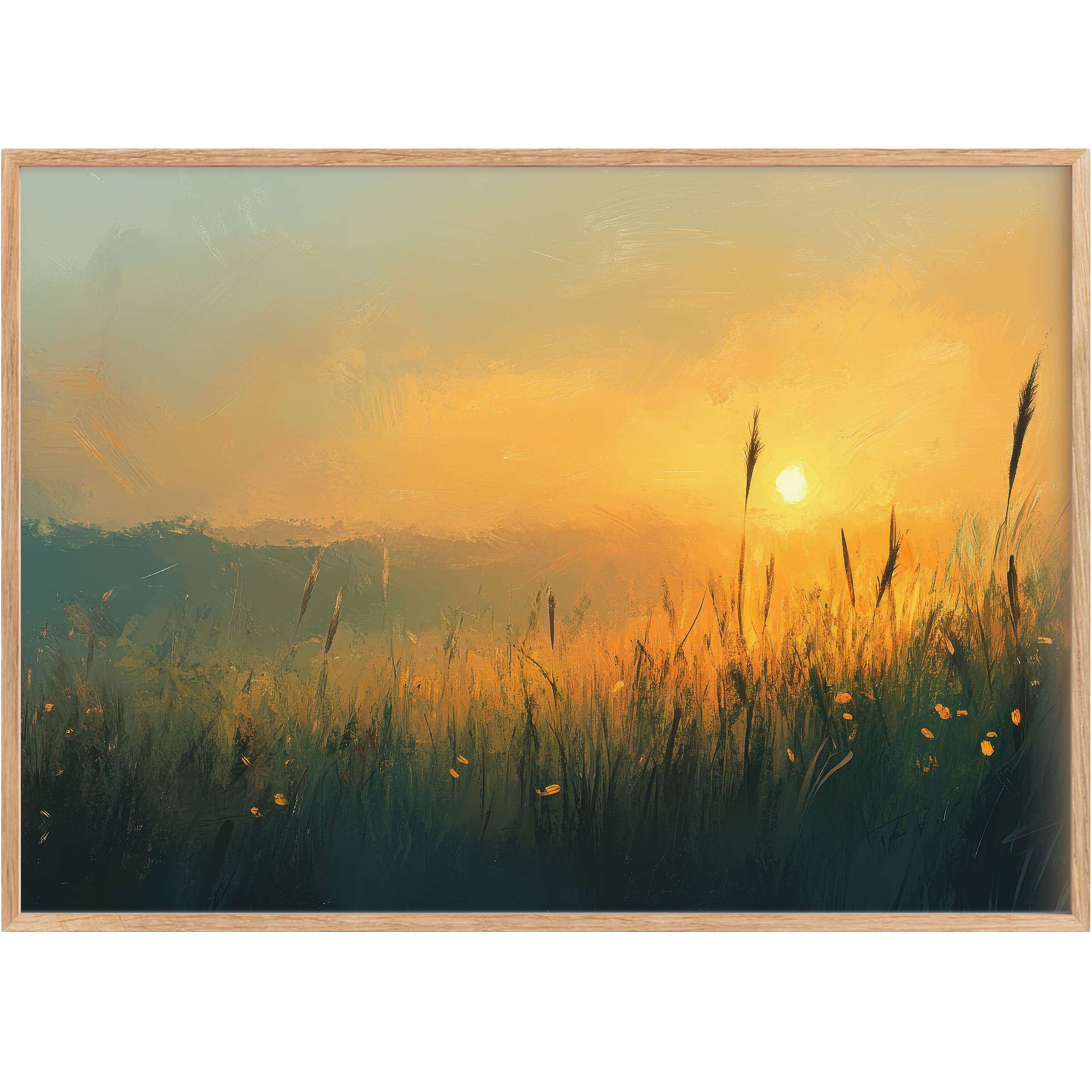 Golden hues of dawn cast a serene glow over wild grasses, creating calming and elegant landscape printable wall art