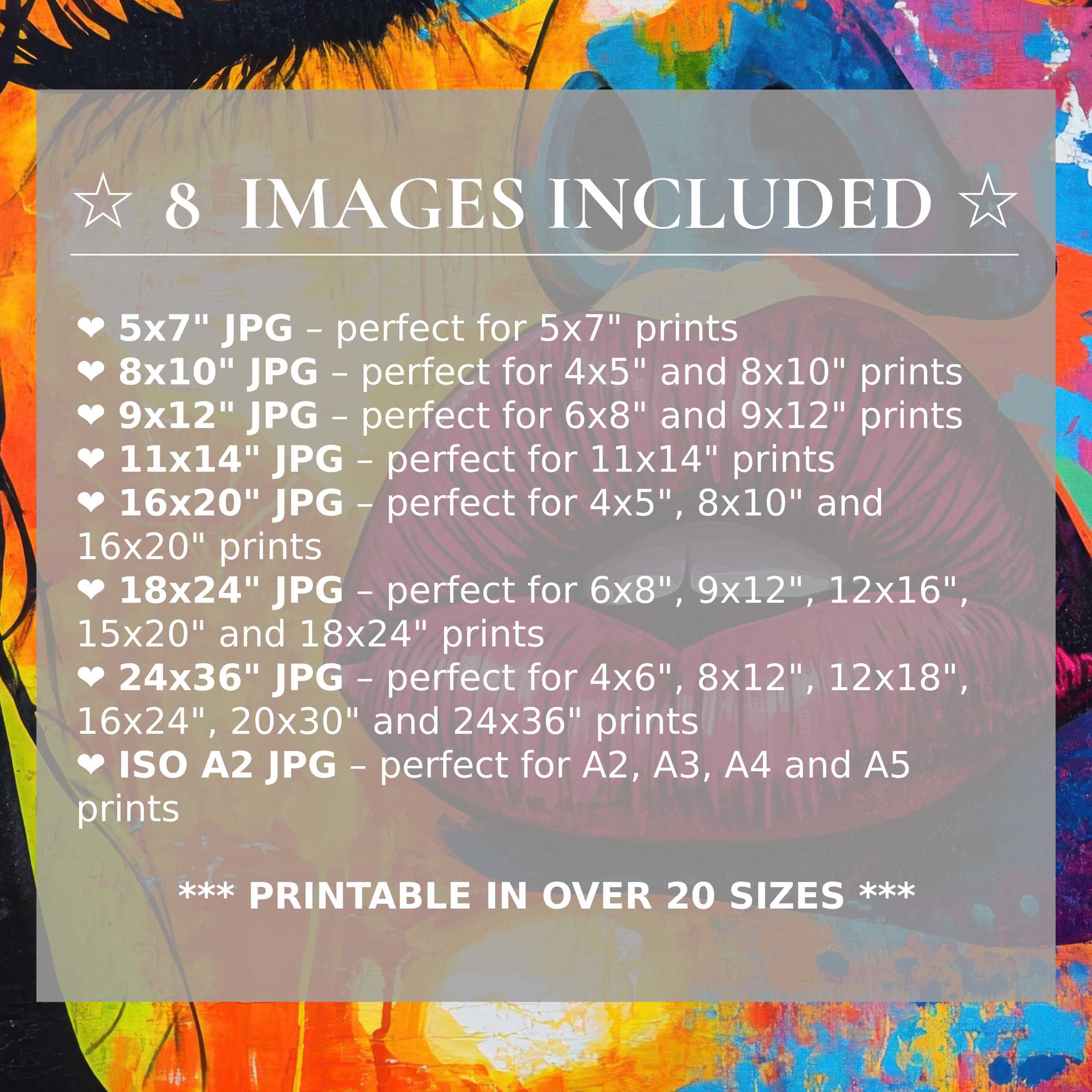 Radiant pop art digital print in vivid oranges and blues, available in 8 high-quality sizes included for versatile, stylish modern decor