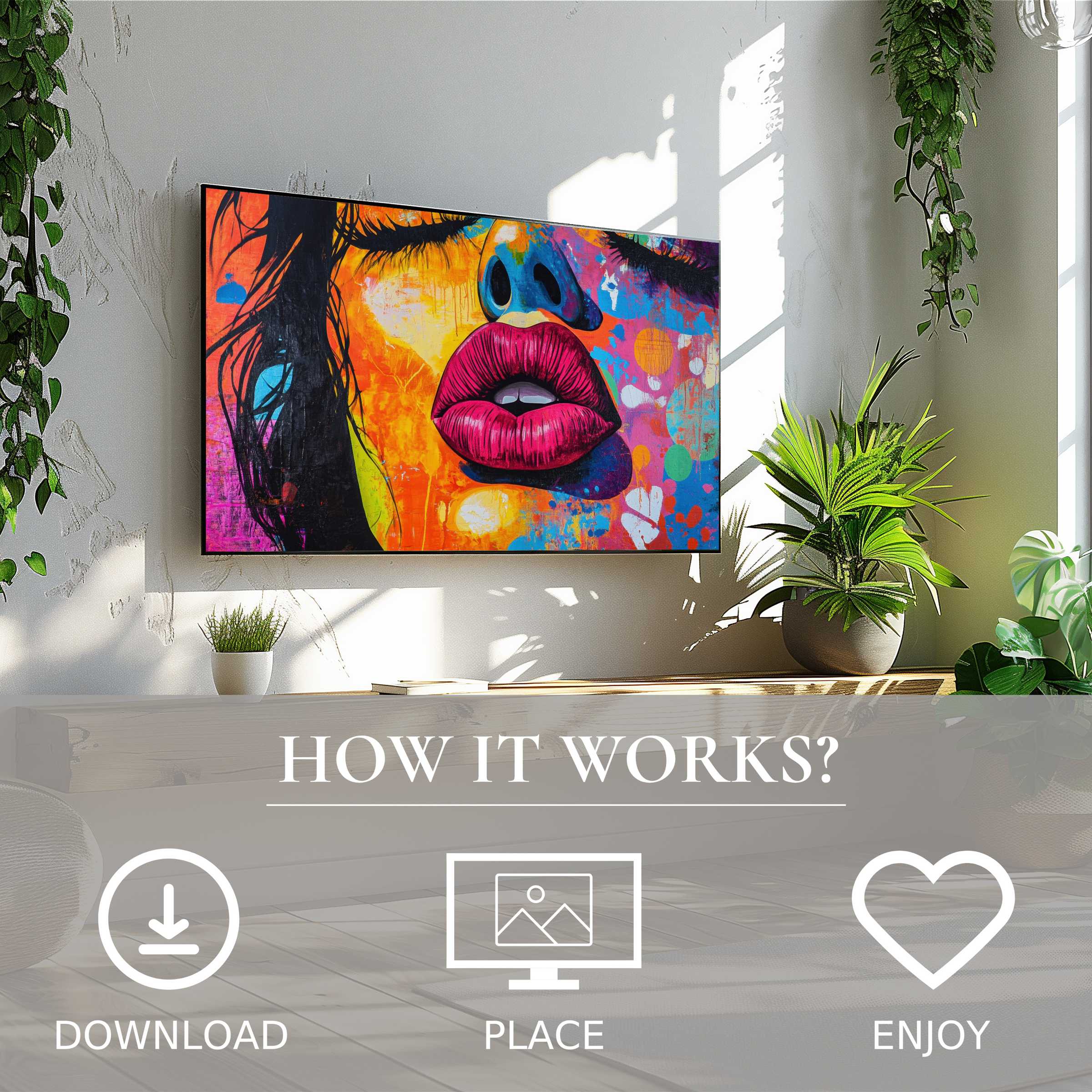 Pop art art for Samsung TV shows vibrant color flow motif; easy digital download enriches stylish, plant-adorned living space