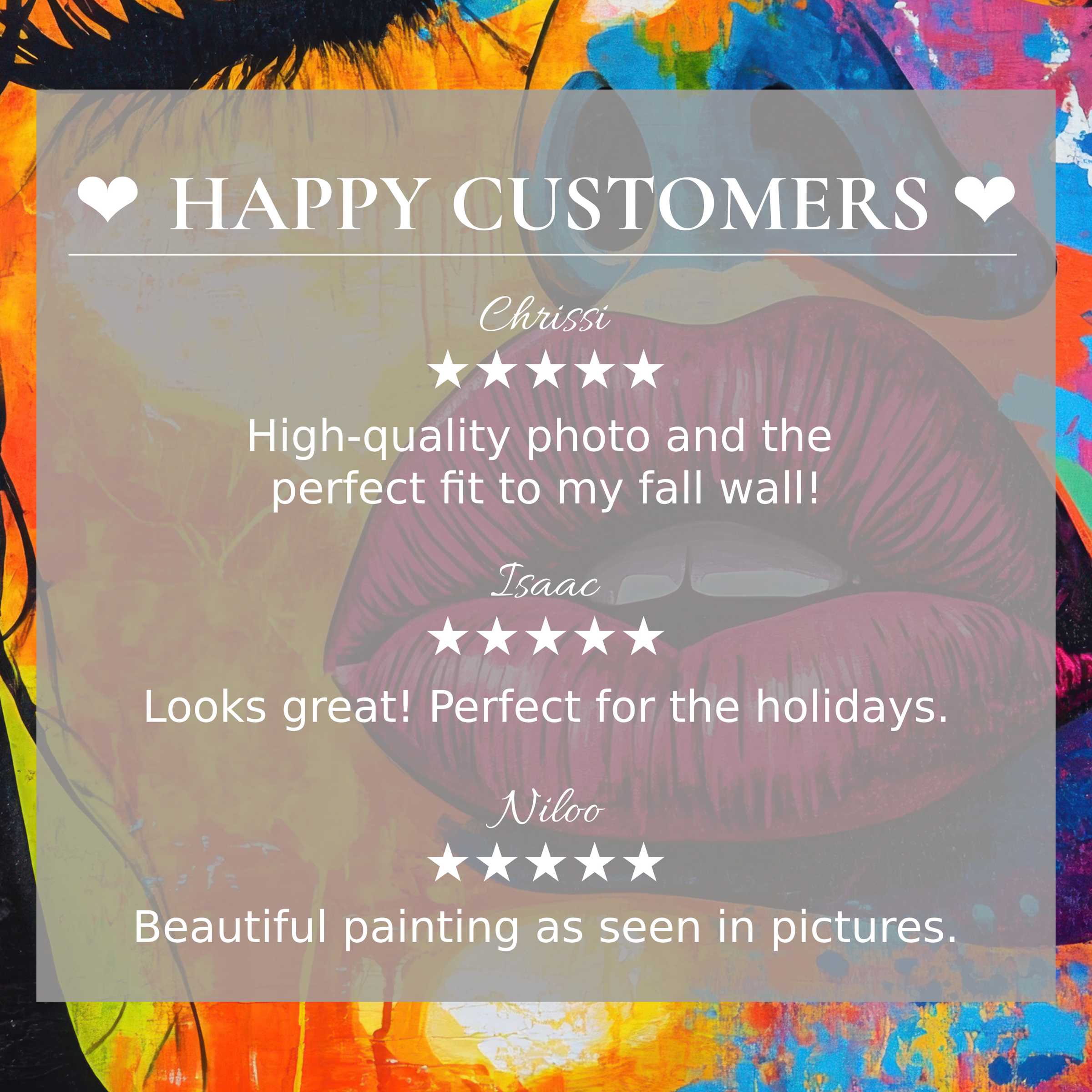 Pop art for Frame TV with vibrant lips and abstract sunset colors, showcasing happy customer reviews and elegant style