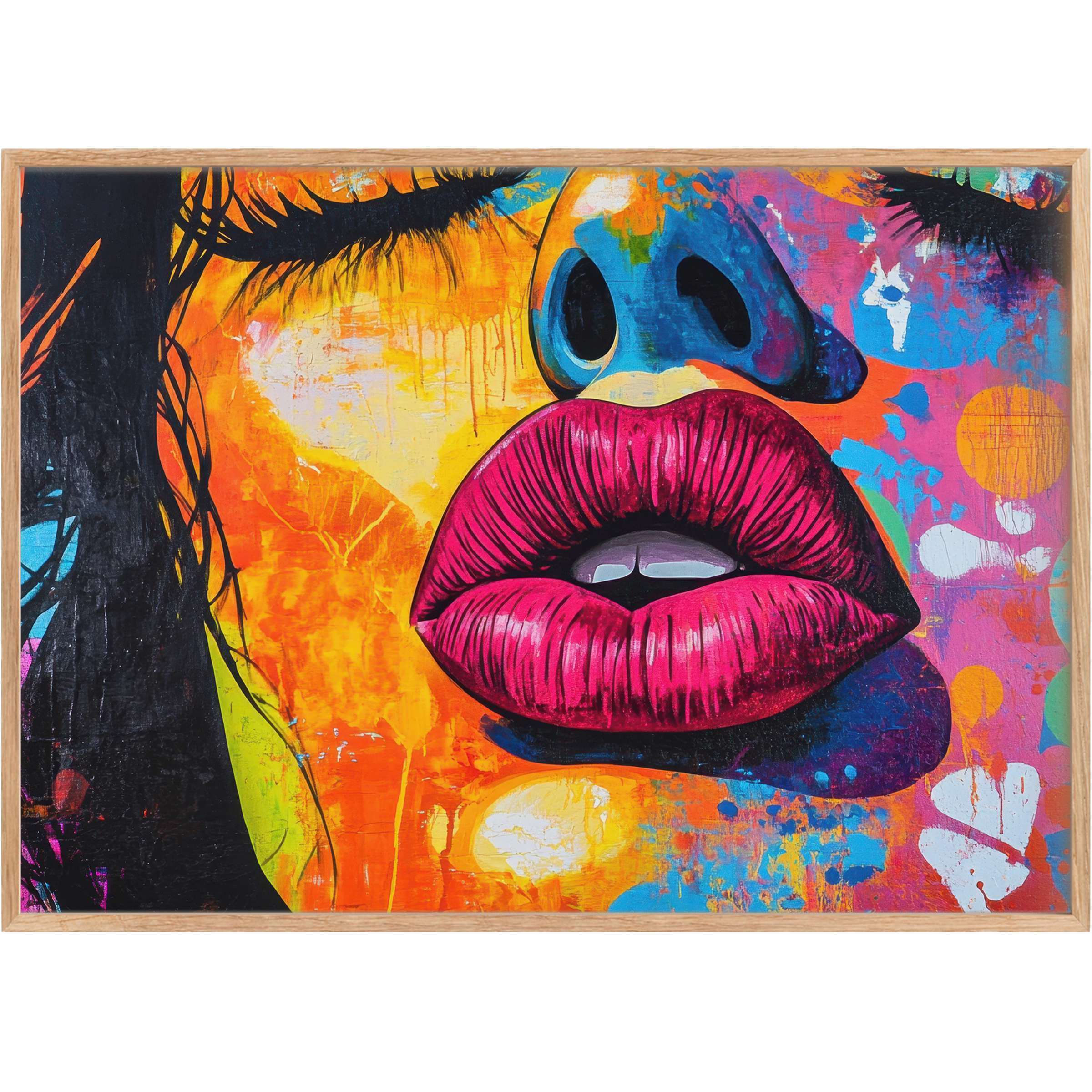 Vibrant pop art printable wall art showcasing bold magenta lips and electric blues, evoking a radiant, edgy atmosphere