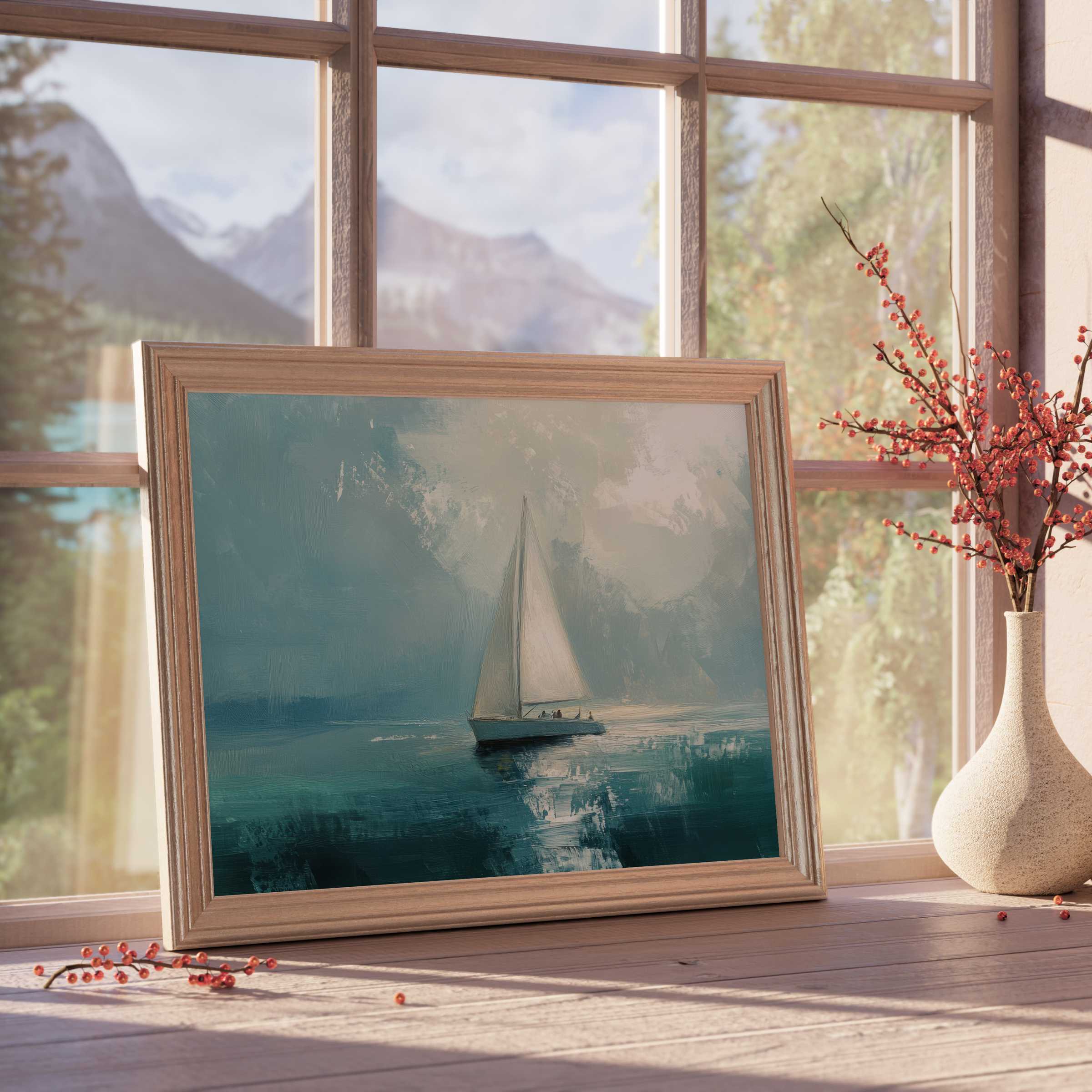 Serene summer downloadable art capturing a sailboat’s tranquil voyage, enhancing curated interiors with calm, coastal elegance