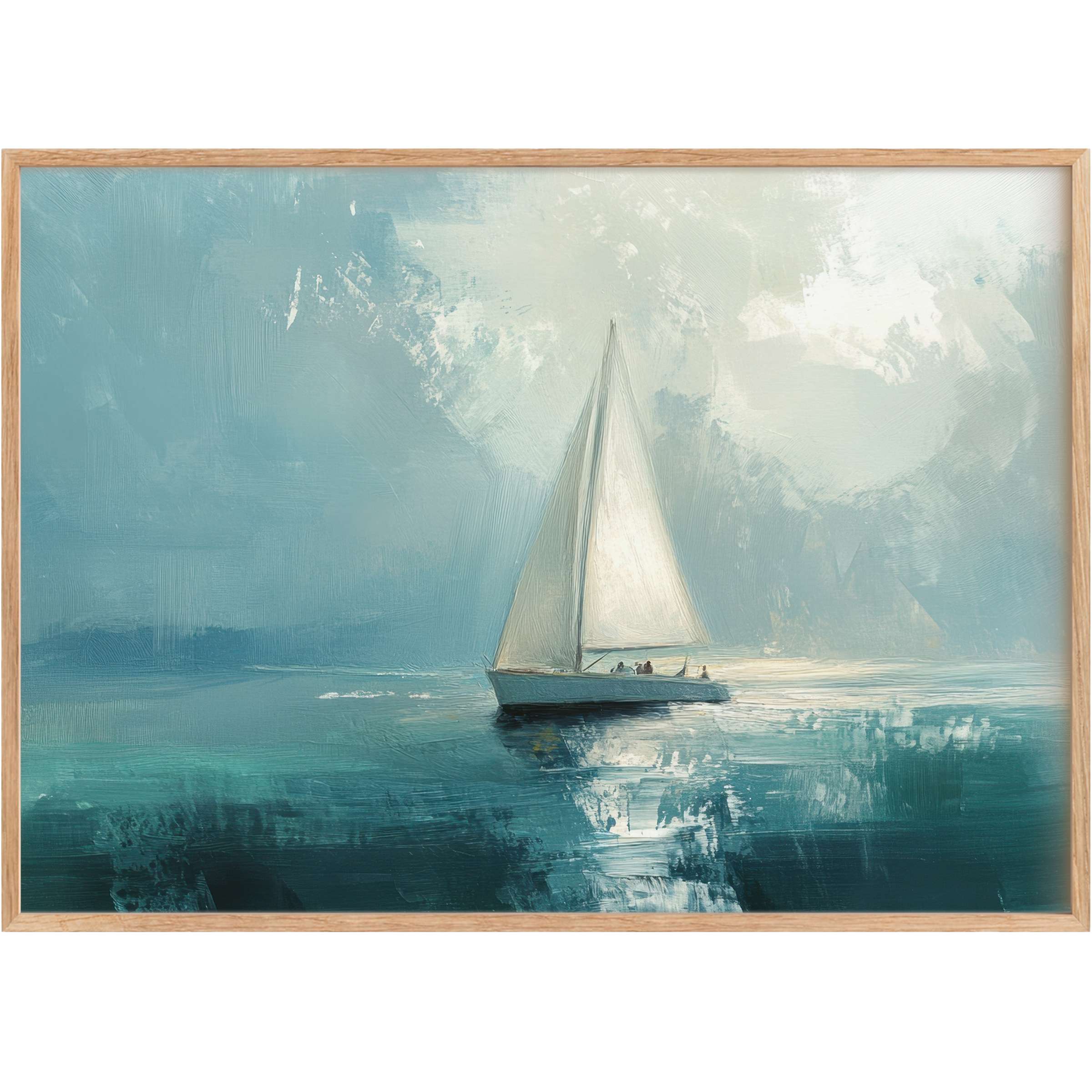 Serene summer printable wall art capturing a sailboat gliding through tranquil teal waters under a luminous sky, evoking calm elegance