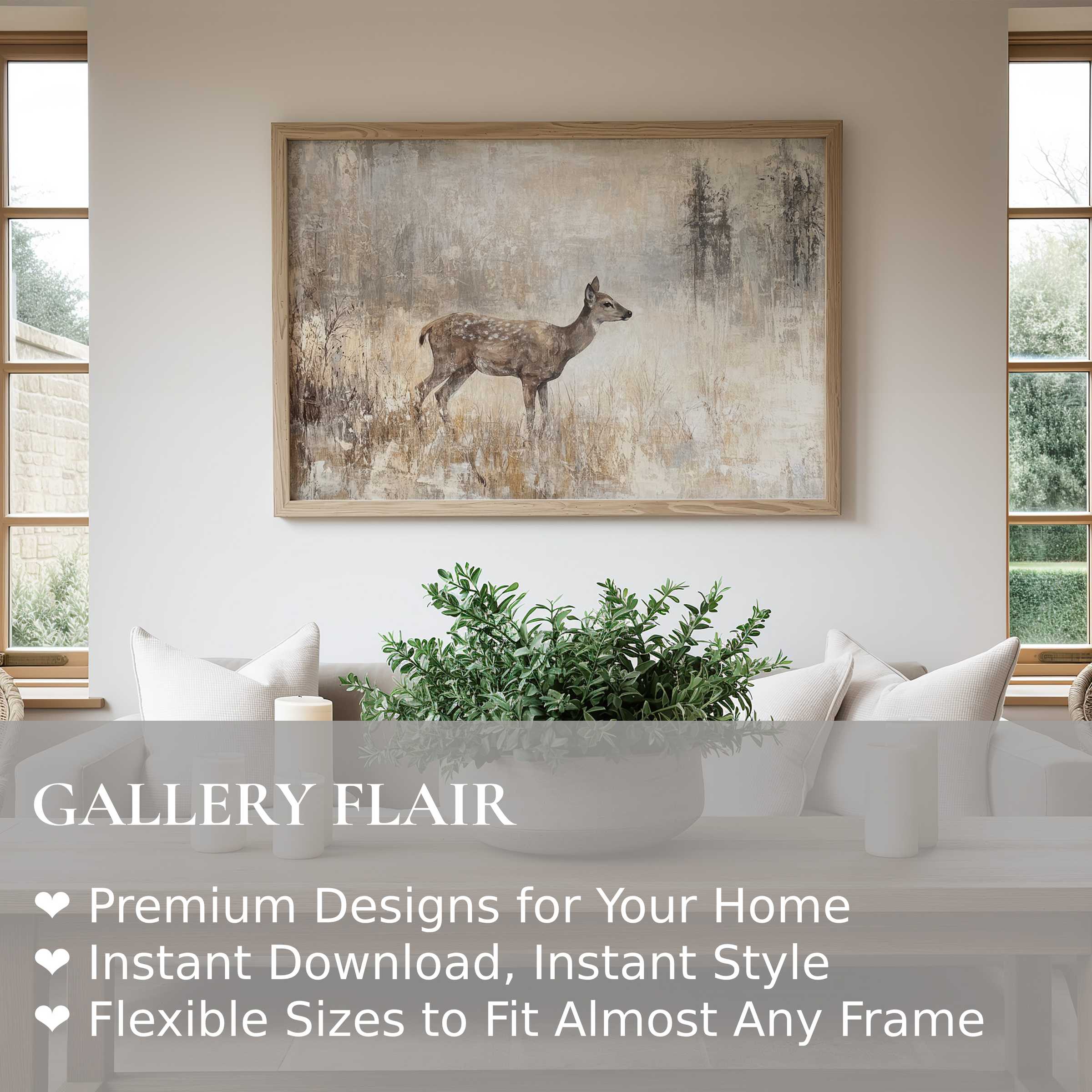 Vintage wall art print of a serene deer in muted earth tones, enhancing calm, modern rustic interiors with timeless elegance
