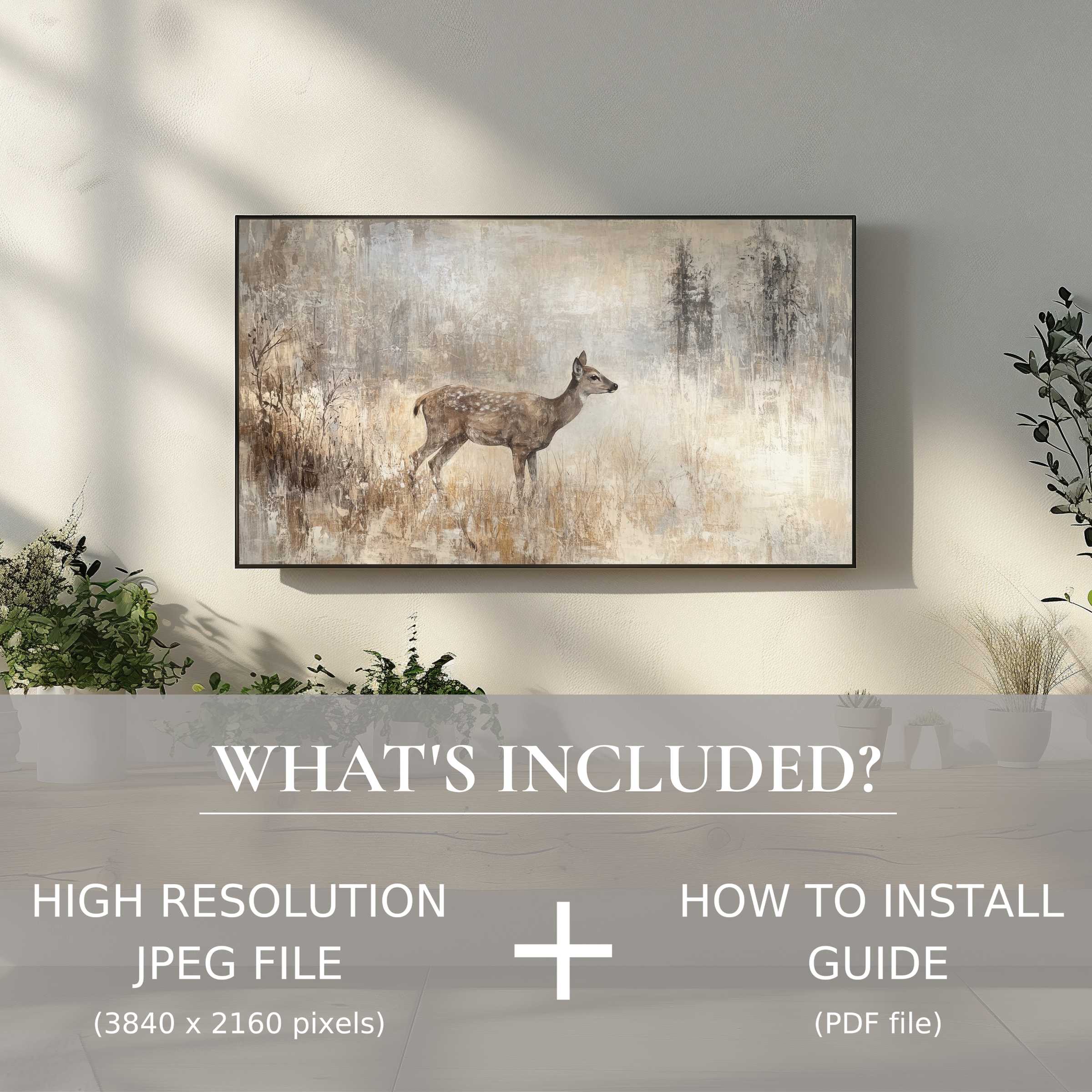 Elegant vintage digital TV art download of a serene deer scene enhancing stylish living spaces with easy digital use