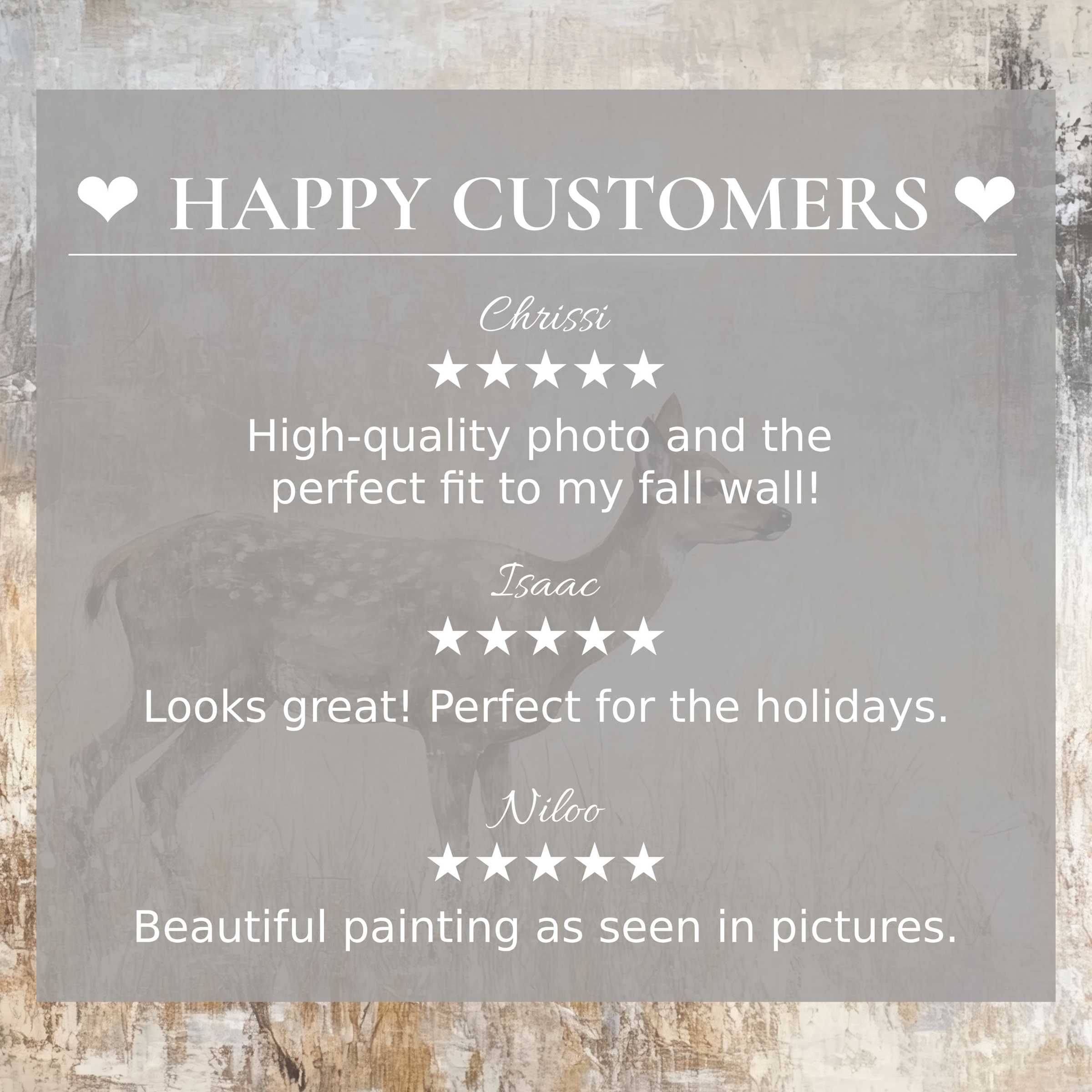 Vintage art for Frame TV with subtle deer background; happy customer reviews build trust and evoke elegant style