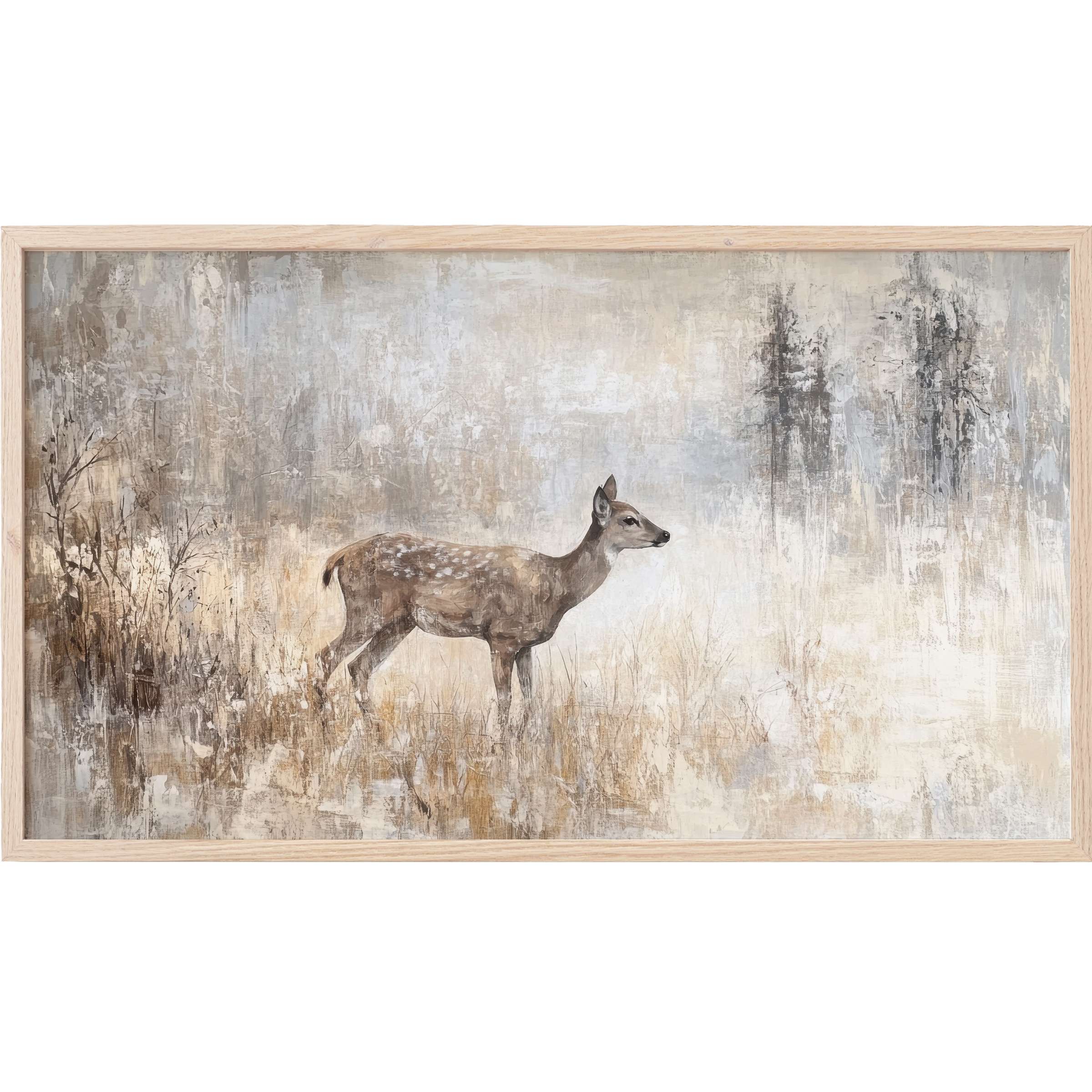 Elegant vintage Frame TV Art featuring a serene deer in muted earth tones with a textured, misty woodland backdrop