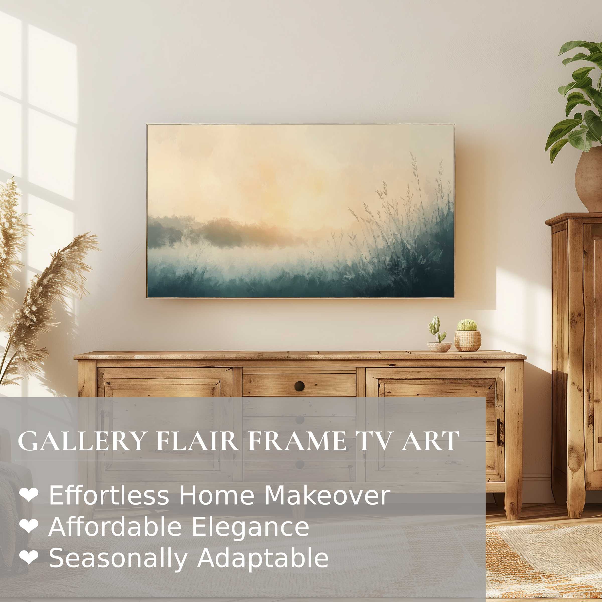Soft winter digital artwork in muted tones displayed elegantly on Samsung Frame TV in modern natural decor