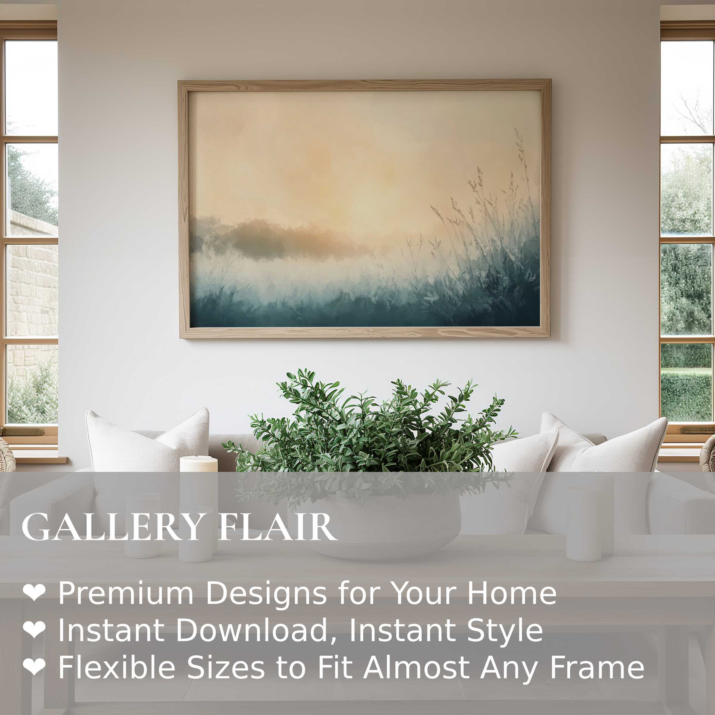 Winter wall art print with serene misty landscape in soft neutral tones, blending effortlessly with modern rustic interiors for a calming ambiance