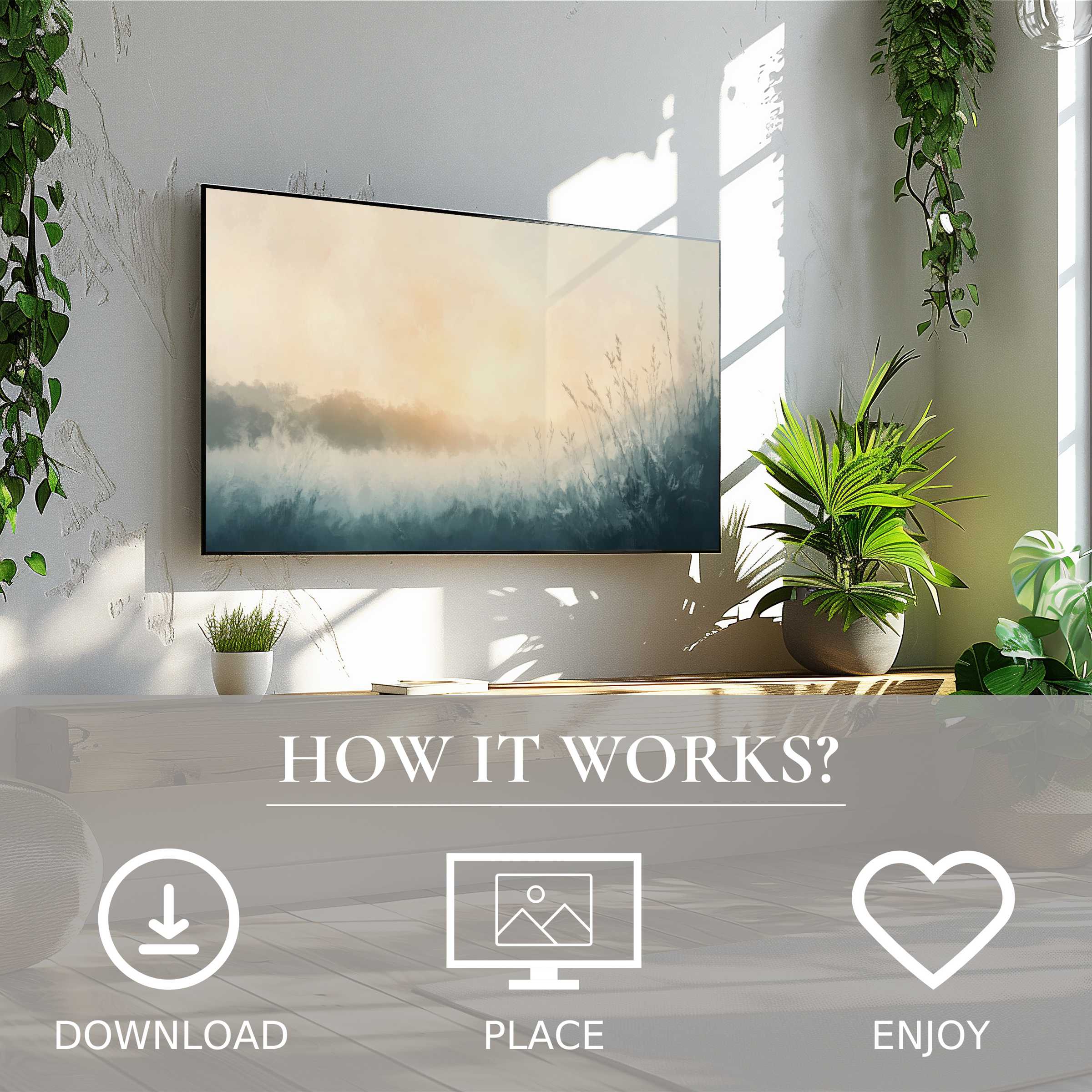 Winter art for Samsung TV shows soft sunset tones; easy digital download enriches modern living spaces with calm nature motif