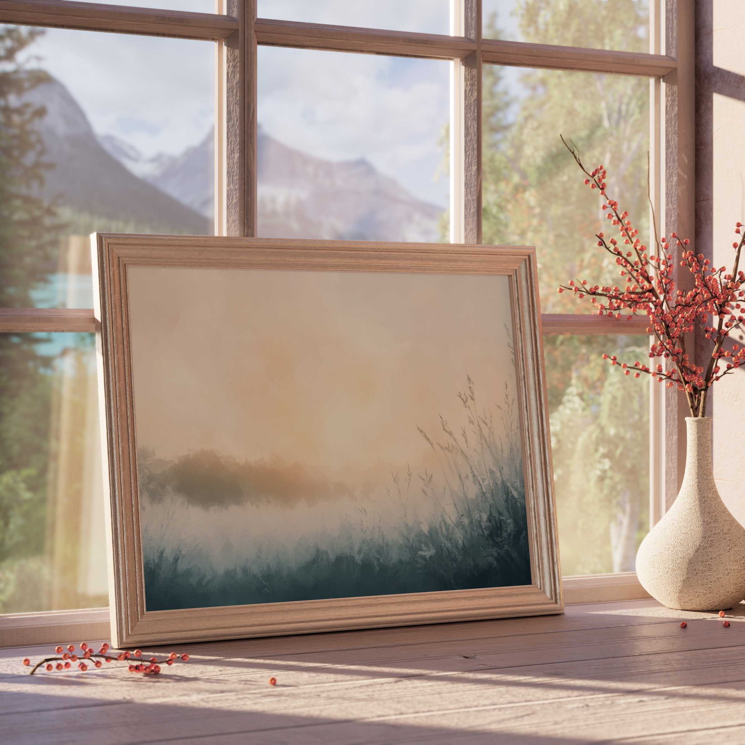Winter downloadable art evoking serene frost-kissed mornings, enhancing elegant, tranquil, and curated interiors with soft natural hues