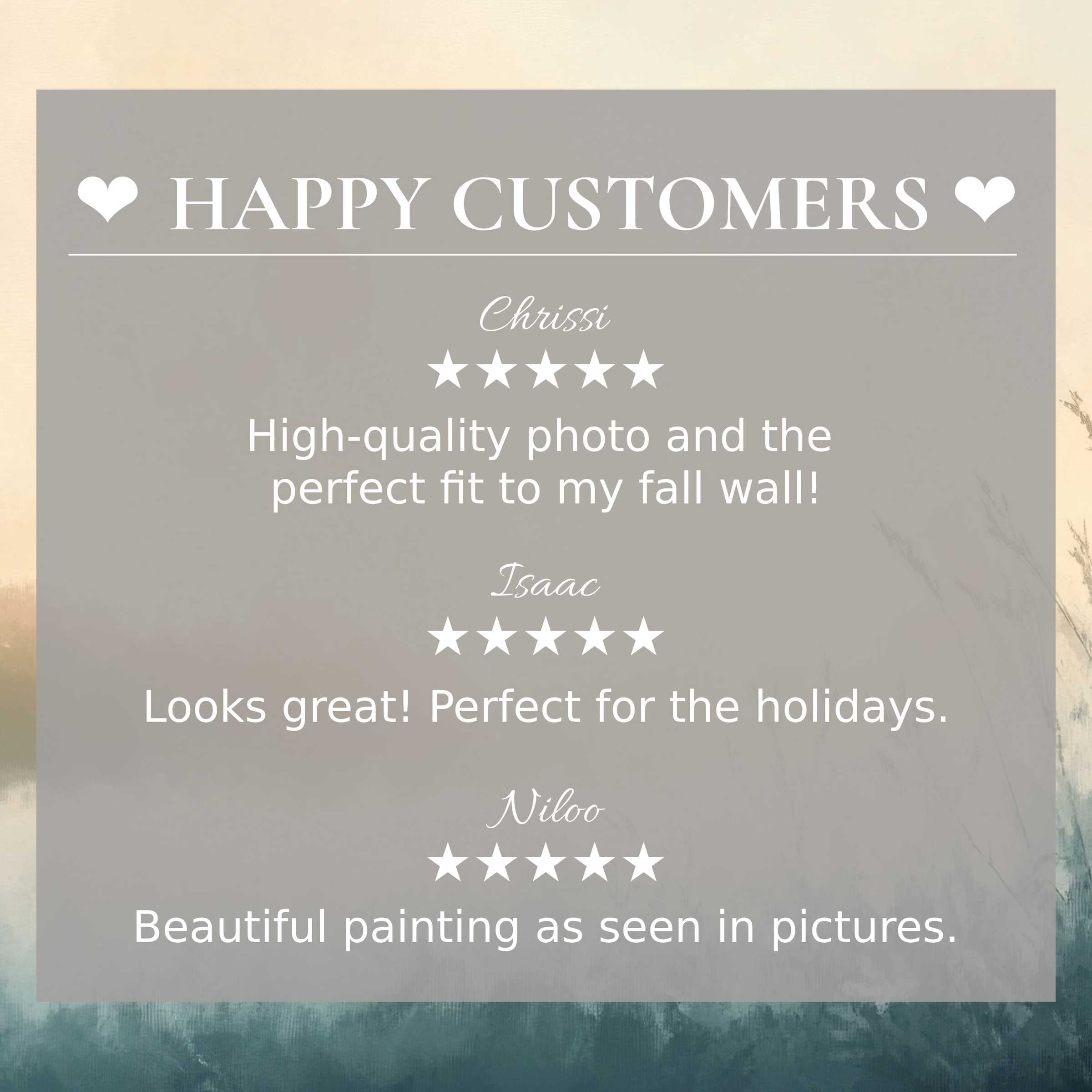 Winter art for Frame TV with abstract sunset hues, showcasing happy customer reviews and refined, elegant style