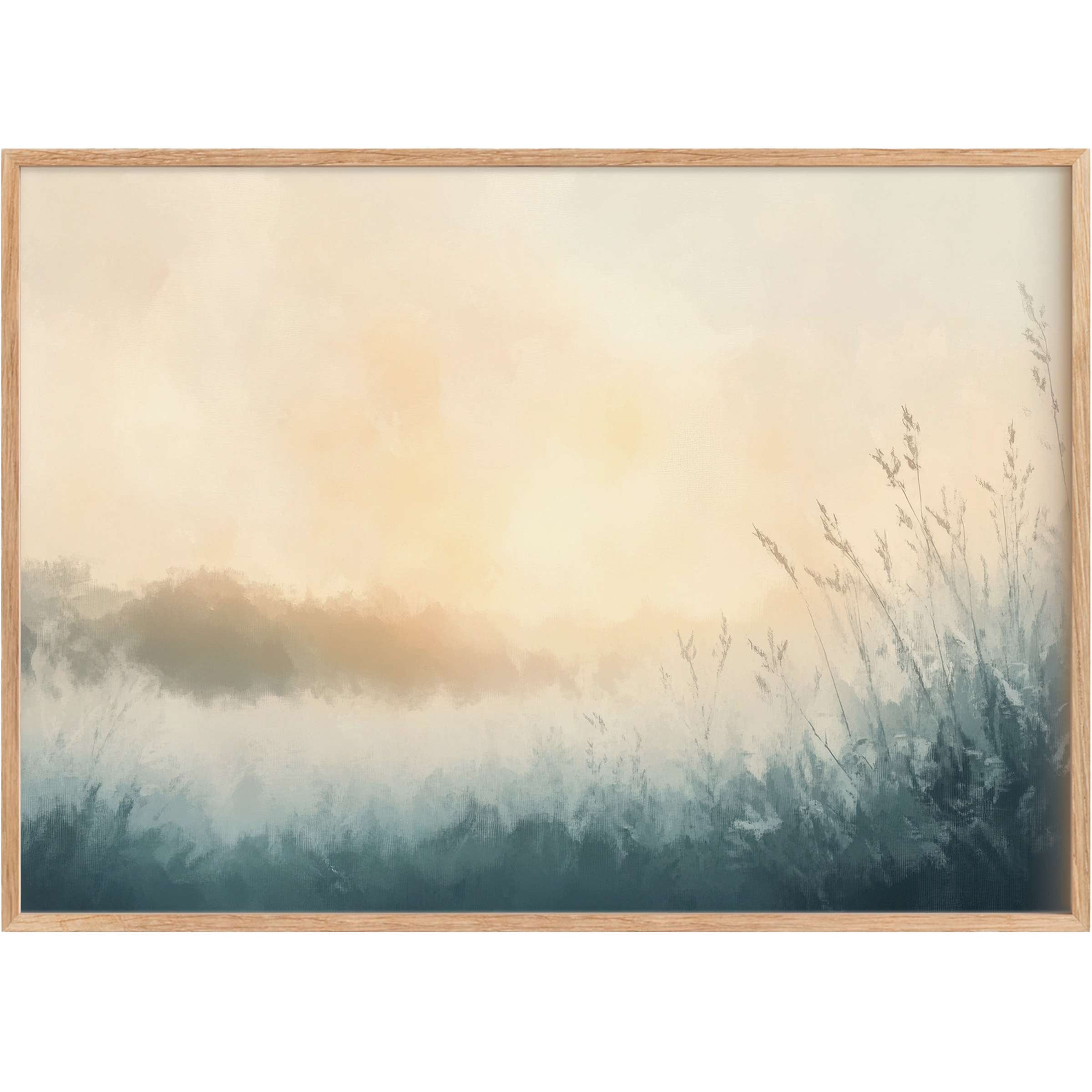Winter printable wall art evoking serene morning mist in soft blues and warm creams, enhancing calm, elegant interiors