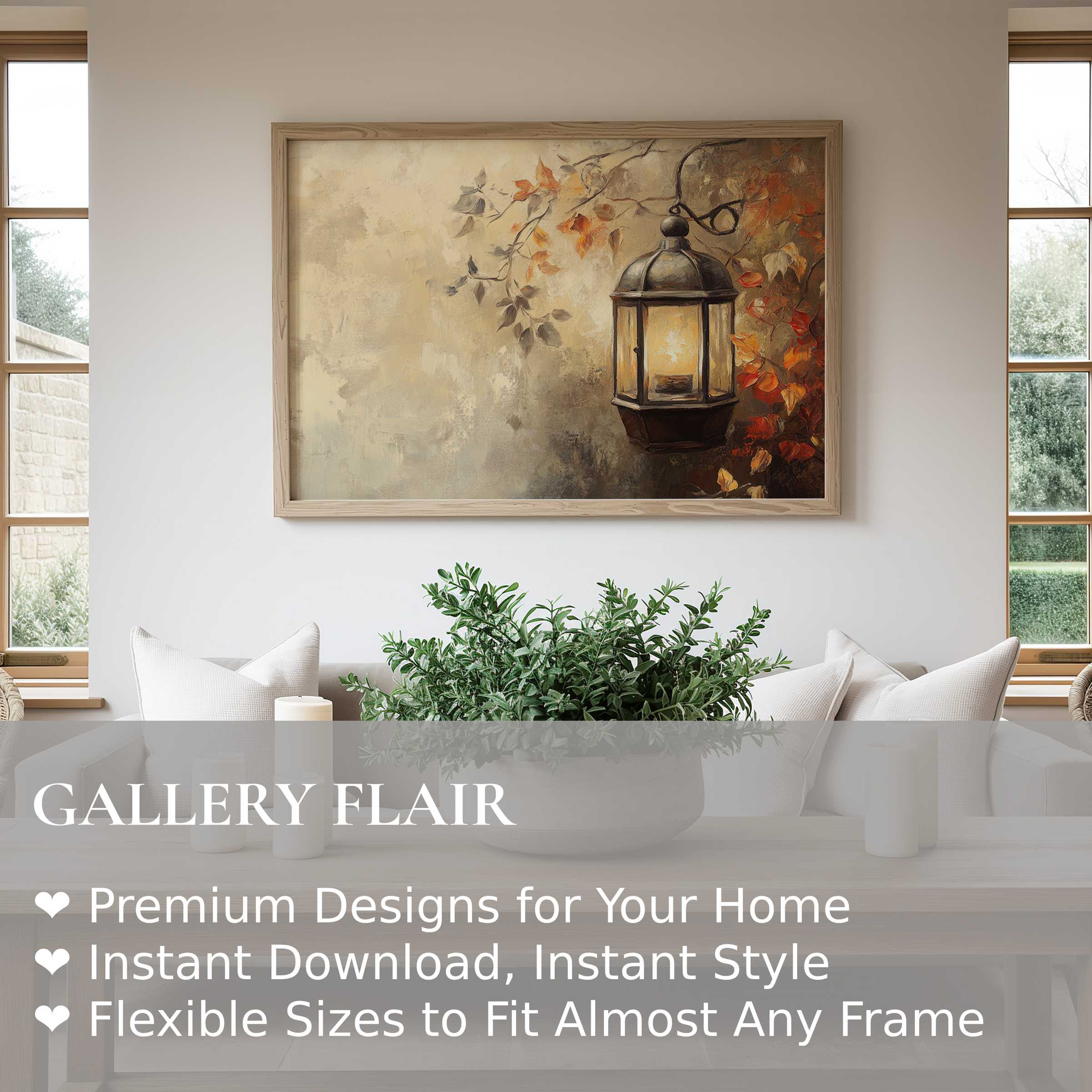 Fall wall art print featuring a radiant vintage lantern and autumn leaves, enriching modern minimal interiors with warm, cozy elegance
