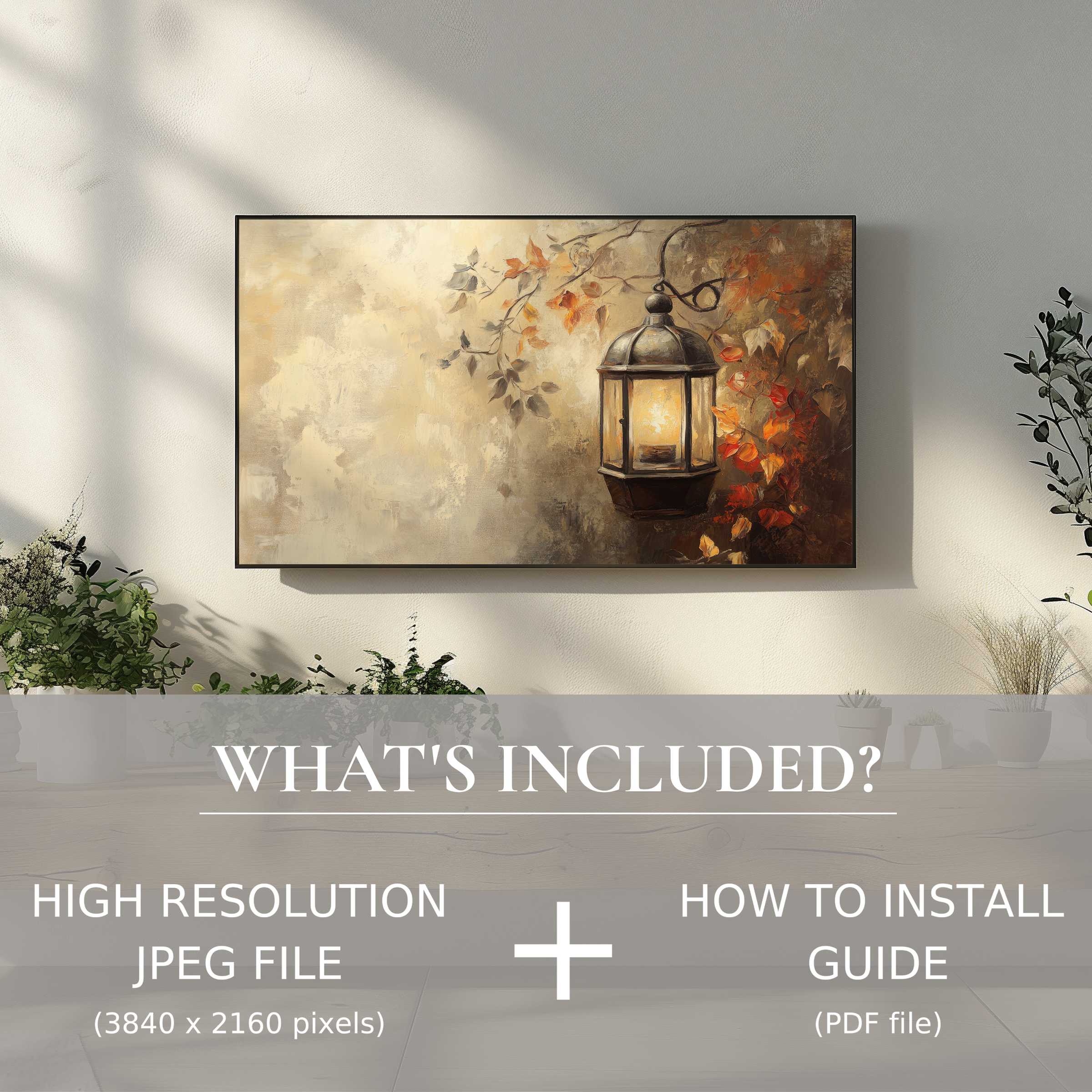 Elegant fall digital TV art download with warm lantern scene, easy digital use enhancing stylish, cozy living spaces