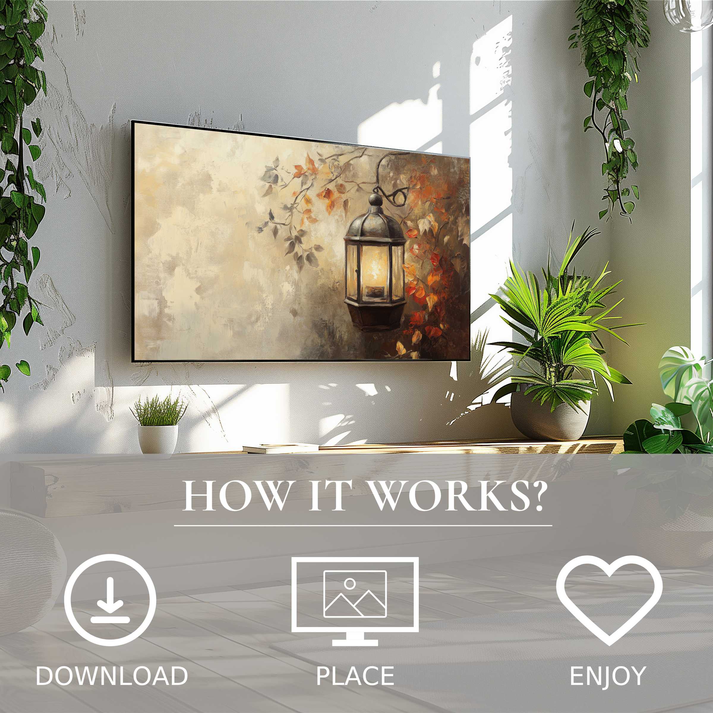 Fall art for Samsung TV shows a cozy lantern with warm autumn leaves, easy digital download enriches modern living