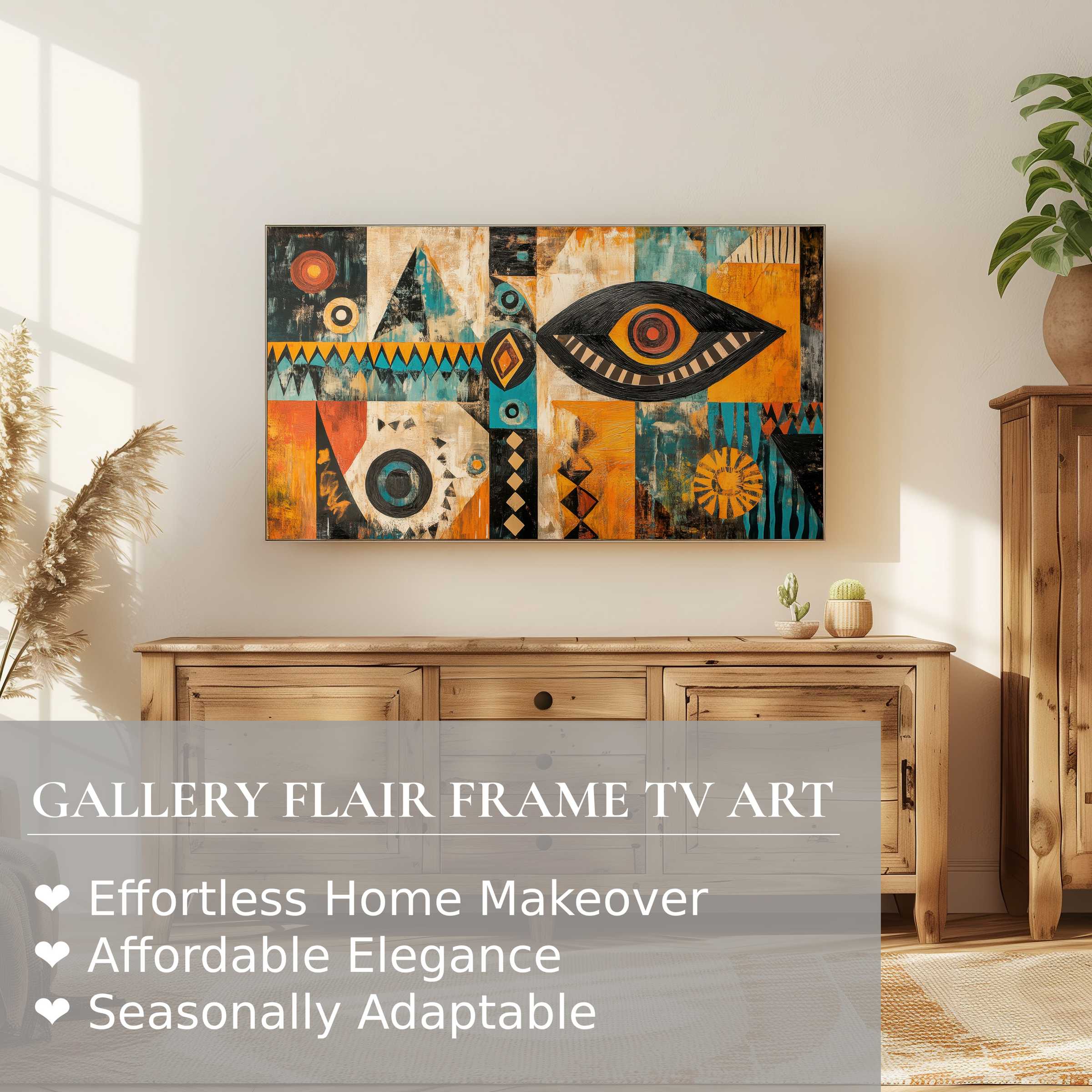 Samsung Frame TV displaying vibrant boho digital artwork in a sunlit, modern living room with natural wood accents