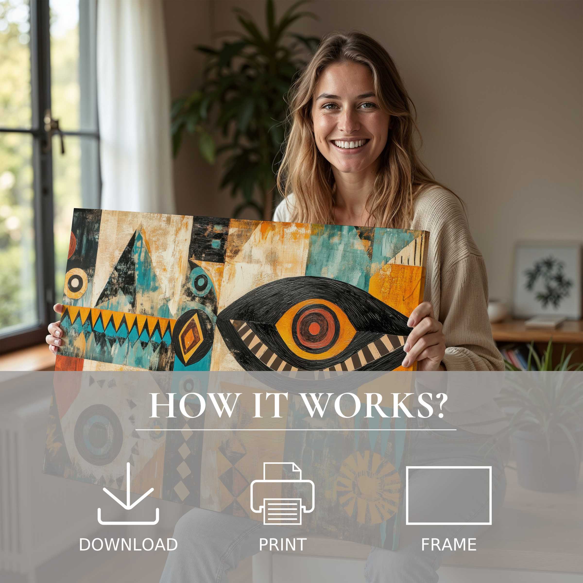 Bright boho digital art print embraced in a sunlit modern home, inspiring joy and effortless style through curated abstract beauty