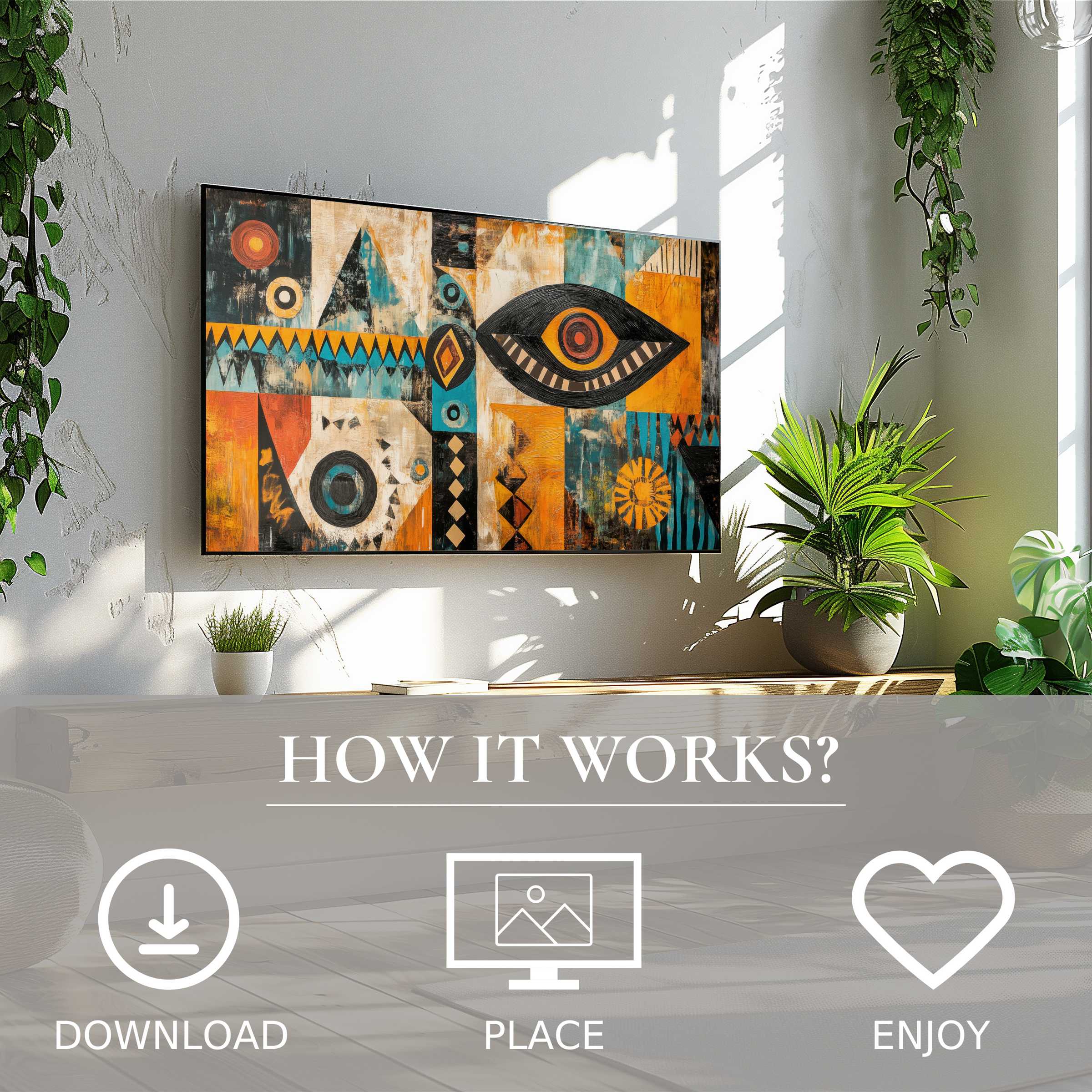 Boho art for Samsung TV featuring warm tribal tones and shapes, easy digital download to enhance modern living spaces