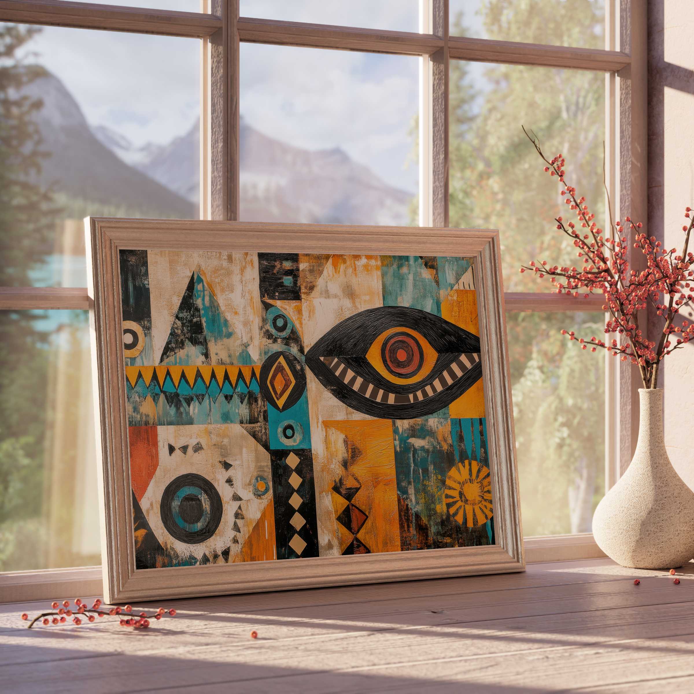 Boho downloadable art with warm ochre and teal tones, elevating tranquil, curated interiors with vibrant tribal elegance