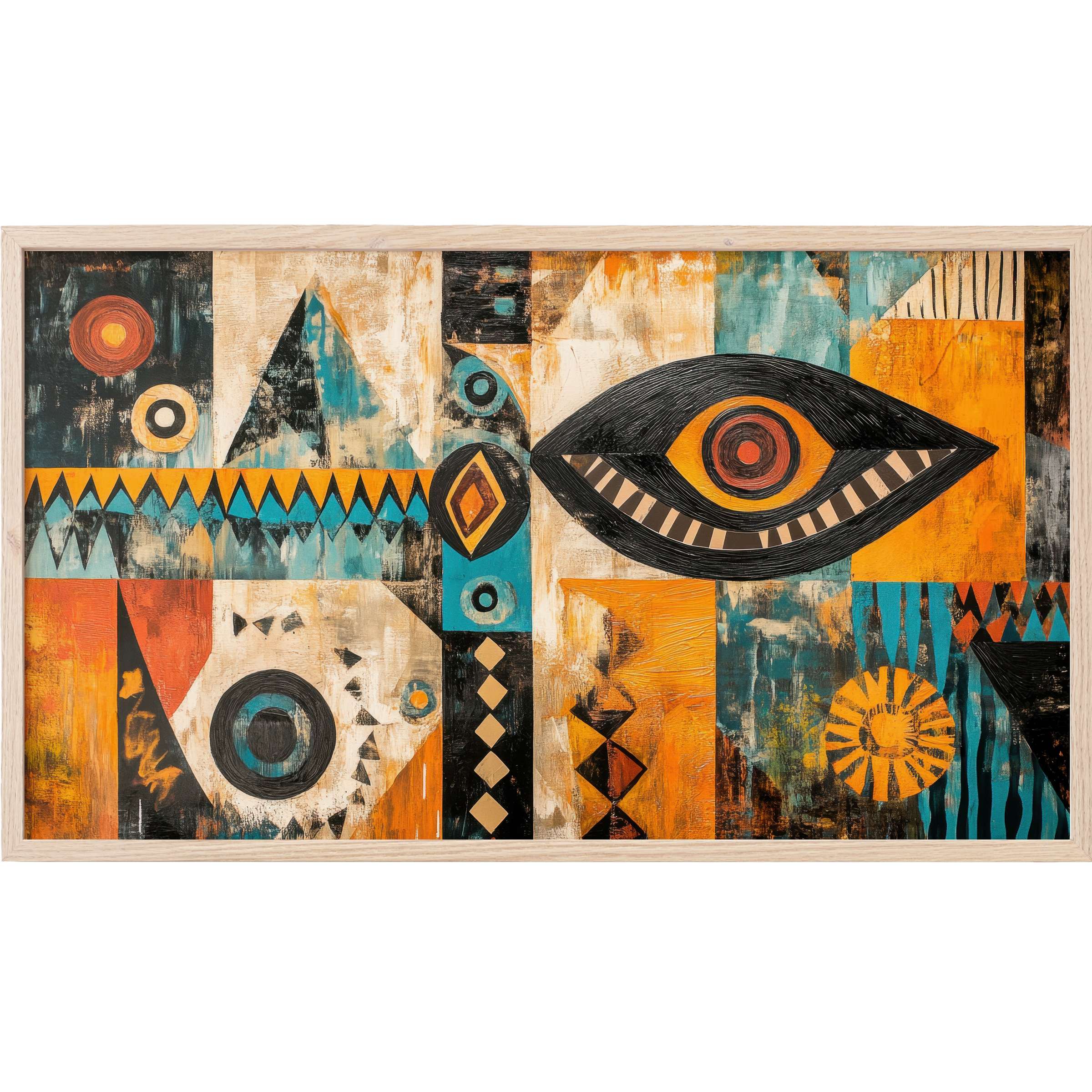Abstract geometric patterns in rich teal, orange, and black hues, framed in natural wood - boho Frame TV Art
