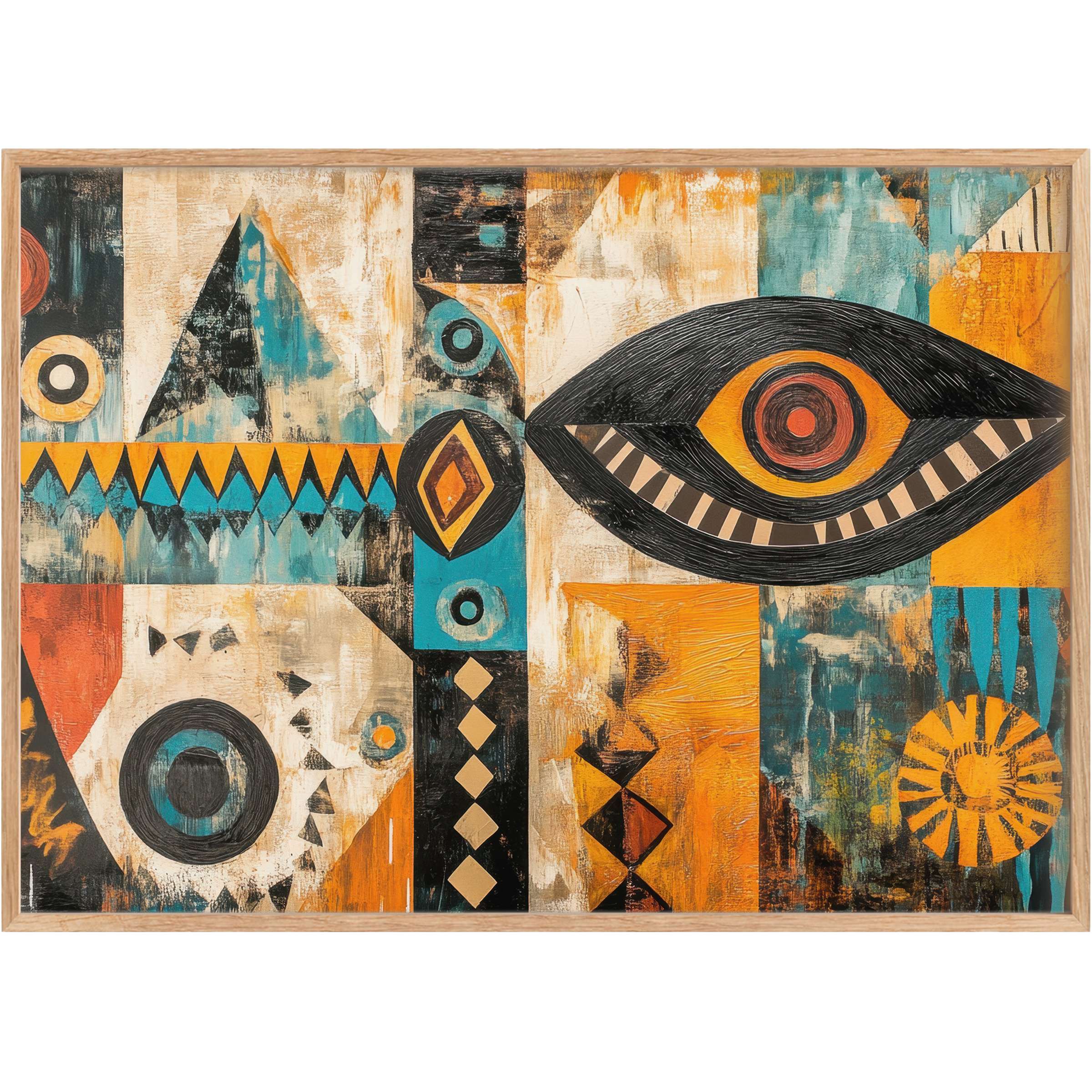 Bold and vibrant boho printable wall art in warm oranges, turquoise, and black, evoking an earthy, spirited ambiance