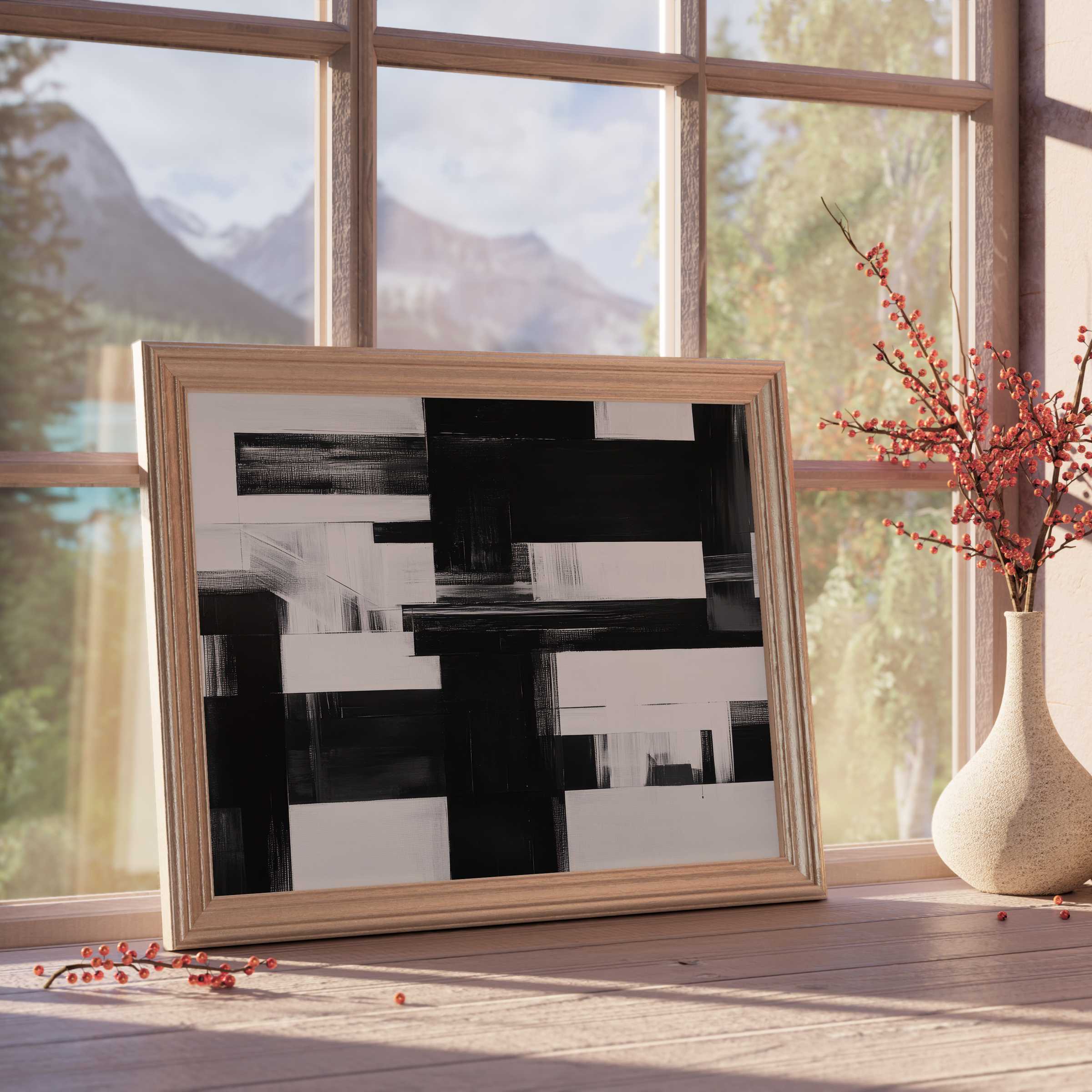 Modern downloadable art in striking black and white geometry, elevating serene, design-forward interiors with curated sophistication