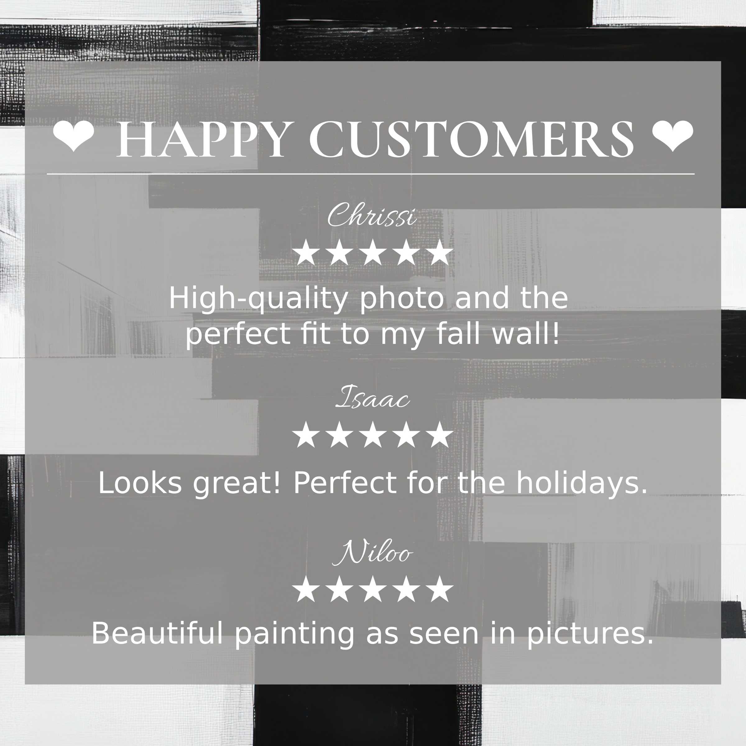Modern art for Frame TV with abstract monochrome blocks; layout showcases happy customer reviews and elegant style