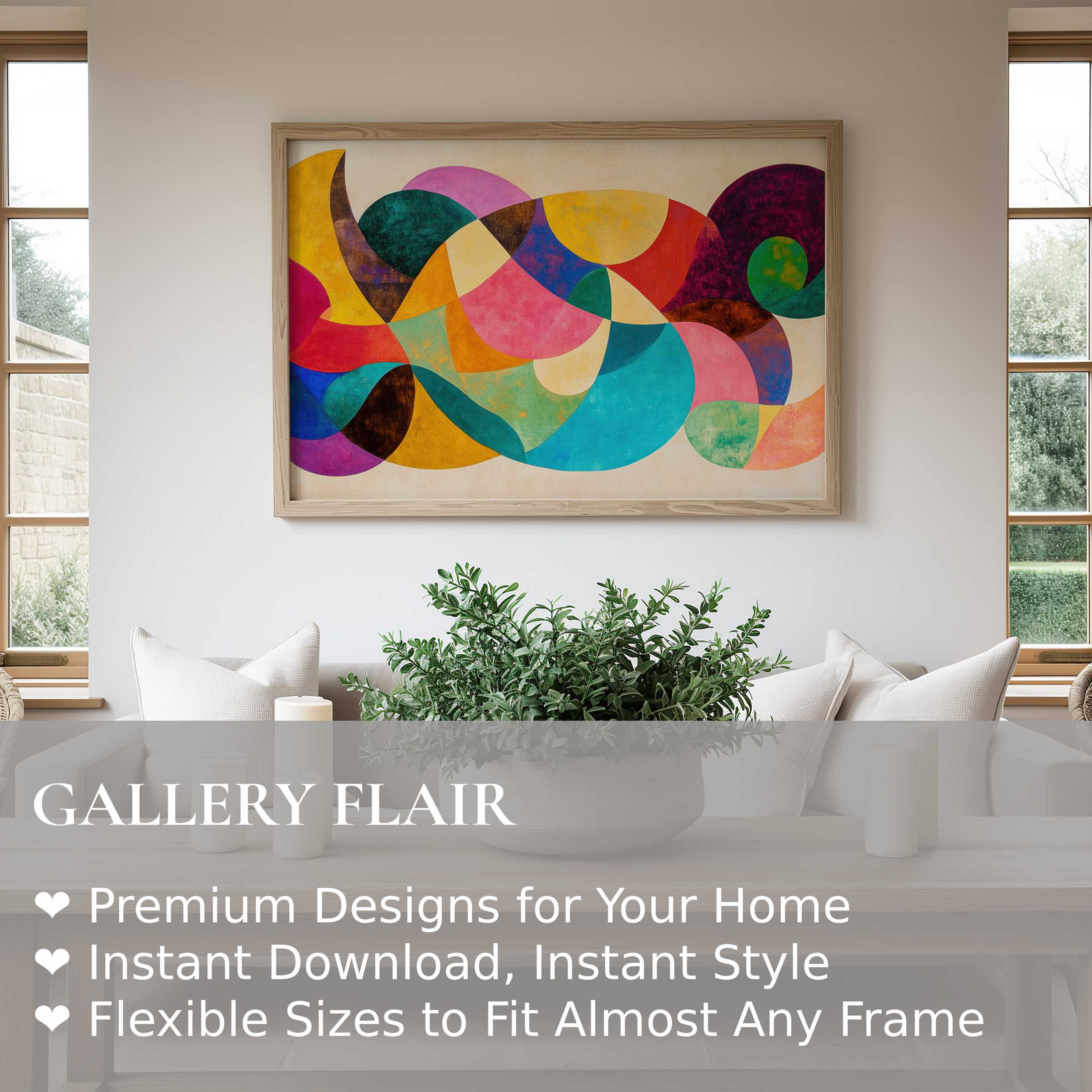 Vibrant abstract wall art print with bold, fluid shapes in rich jewel tones, enhancing this modern minimalist living space with dynamic energy and refined style