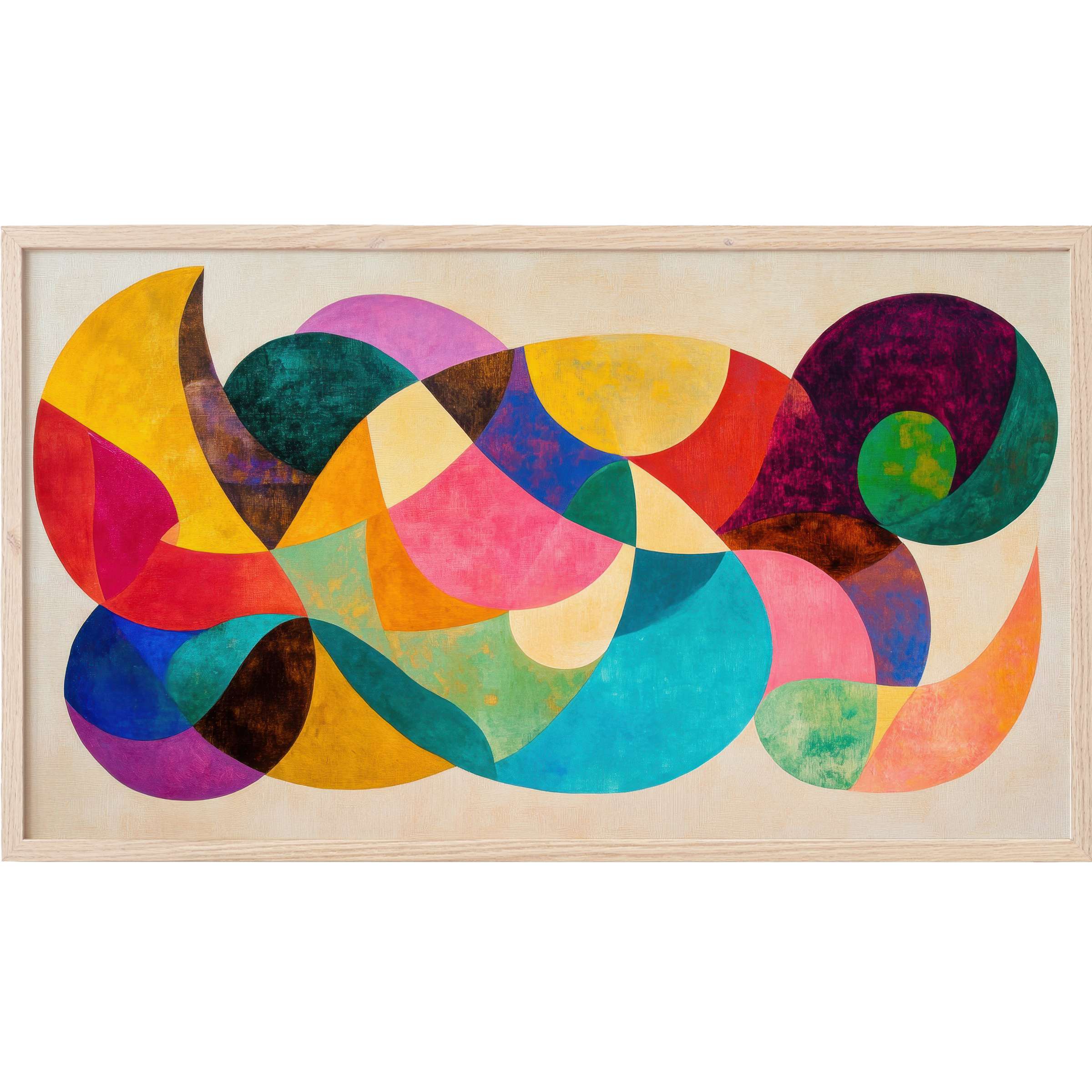 Vibrant abstract Frame TV Art with curved shapes in rich yellows, blues, reds, and greens in a sleek wooden frame