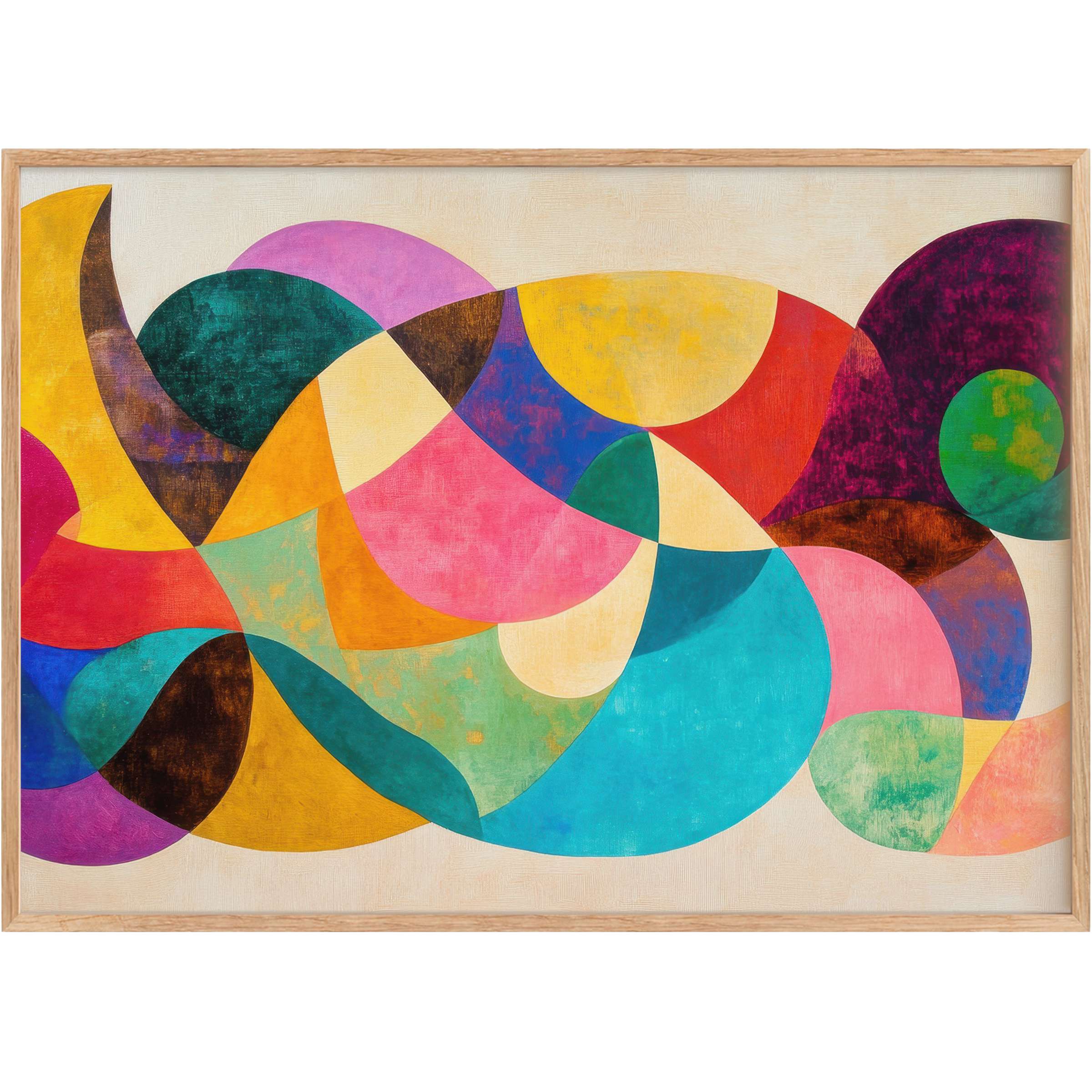 Vibrant abstract printable wall art with flowing shapes in teal, magenta, and gold, radiating energetic yet harmonious warmth