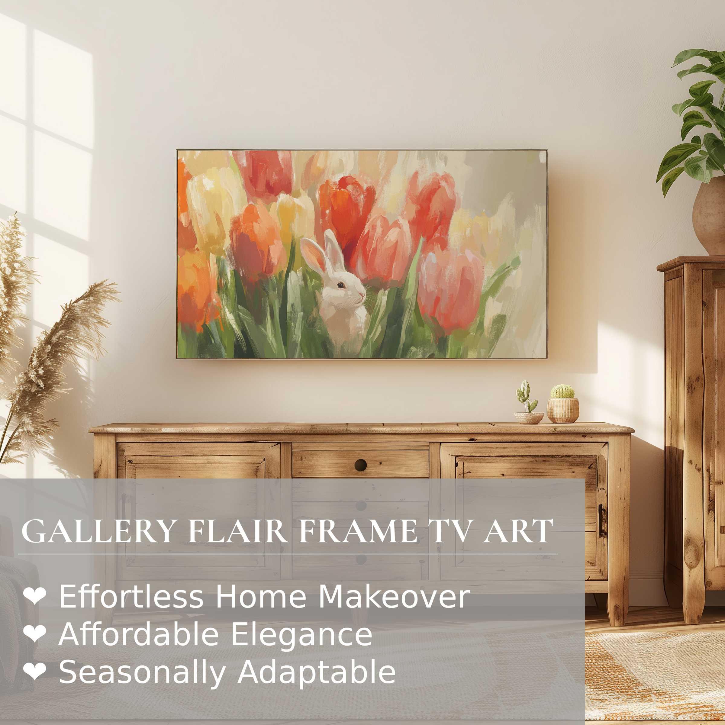 Samsung Frame TV displays elegant, modern easter digital artwork with a bunny amid vibrant tulips in a cozy setting