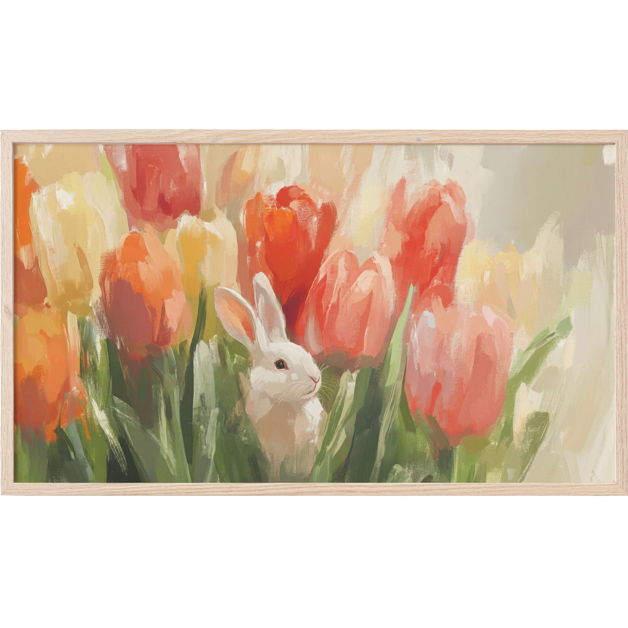 Softly painted white bunny amid vibrant orange and peach tulips in an elegant easter Frame TV Art style